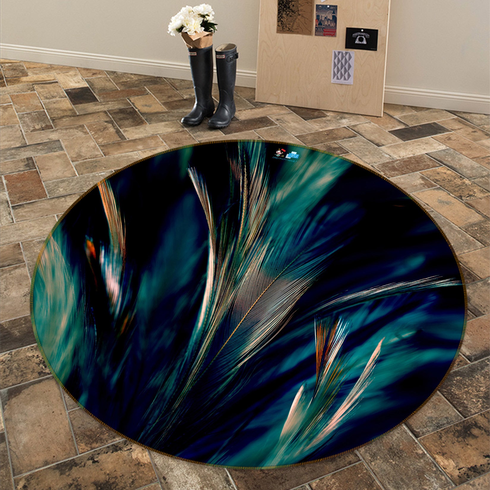 3D Feather Leaf 81210 Round Non Slip Rug Mat
