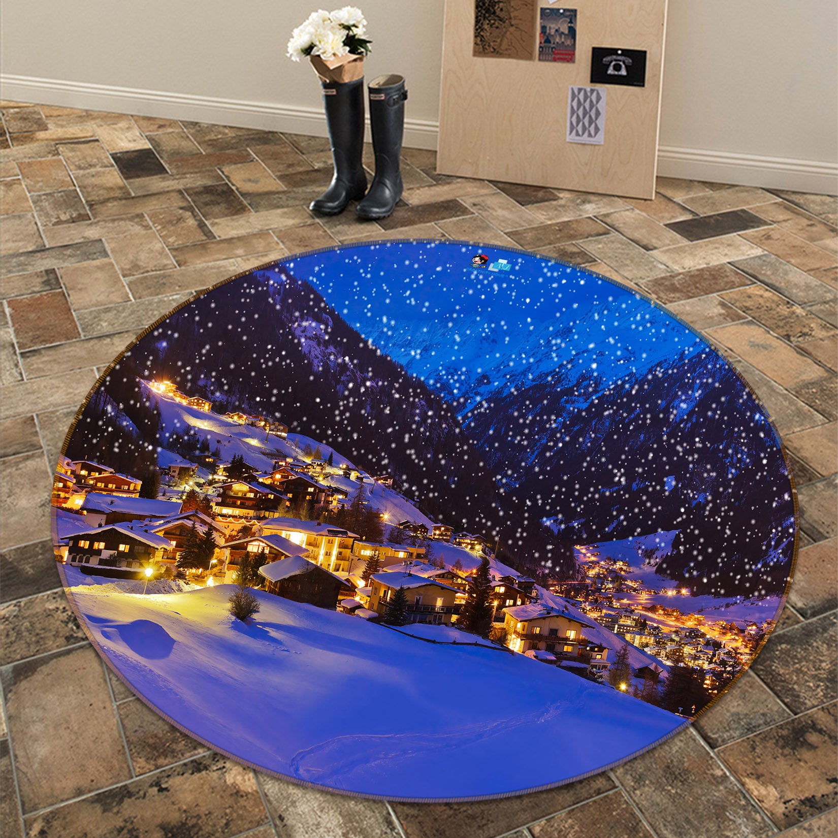 3D Snow Mountain House 54182 Christmas Round Non Slip Rug Mat Xmas