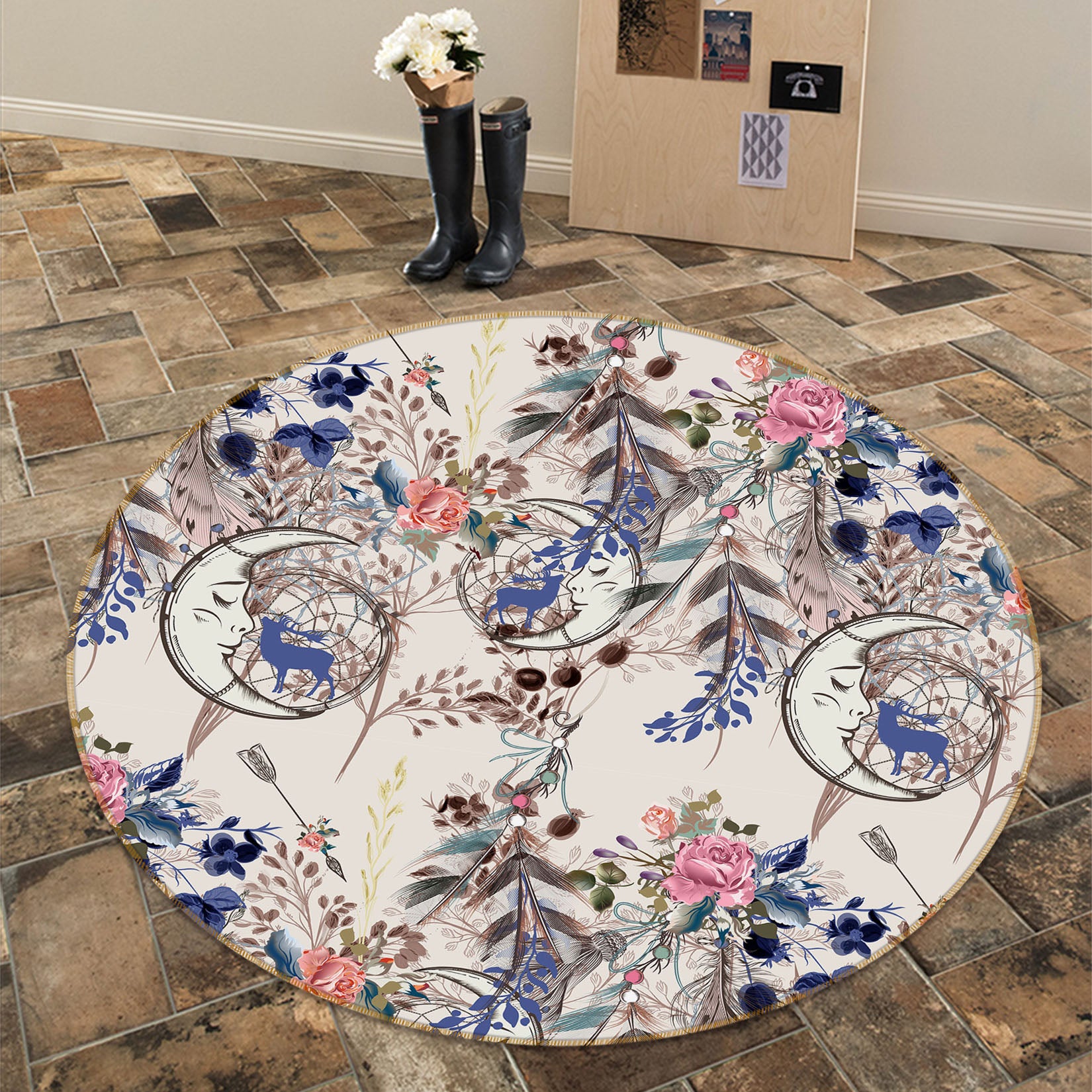 3D Moon Flower 29002 Round Non Slip Rug Mat