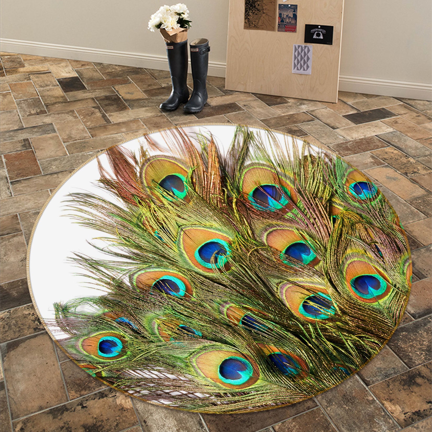 3D Peacock Feather 29101 Round Non Slip Rug Mat