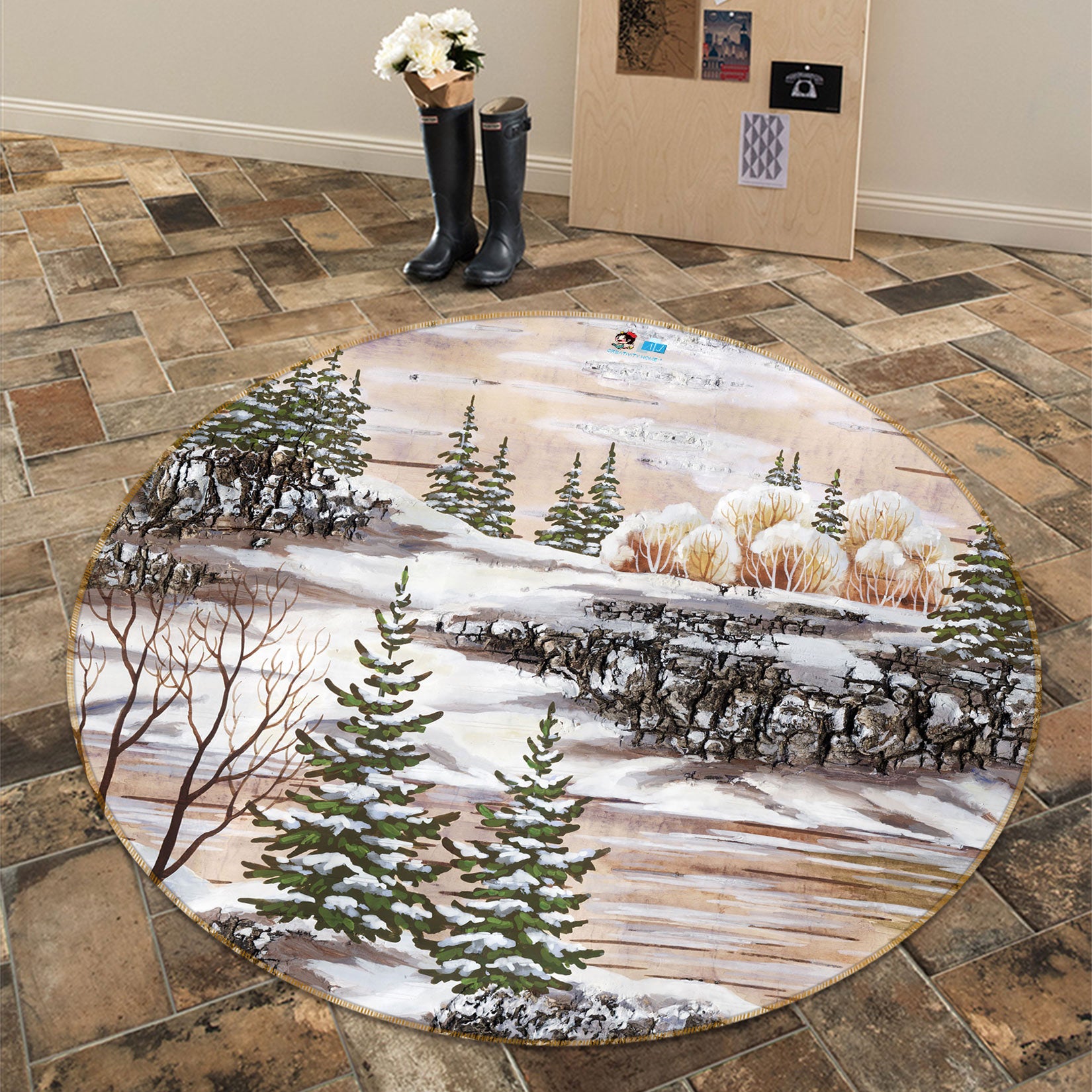 3D Hand Painted Snow Scene 72149 Round Non Slip Rug Mat