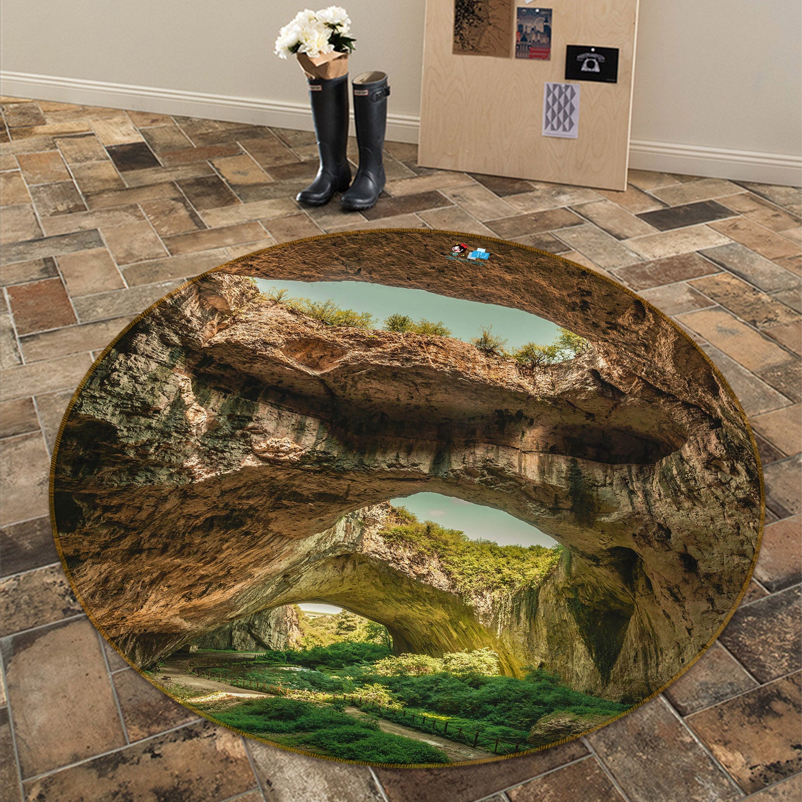 3D Stone Cave 69195 Round Non Slip Rug Mat