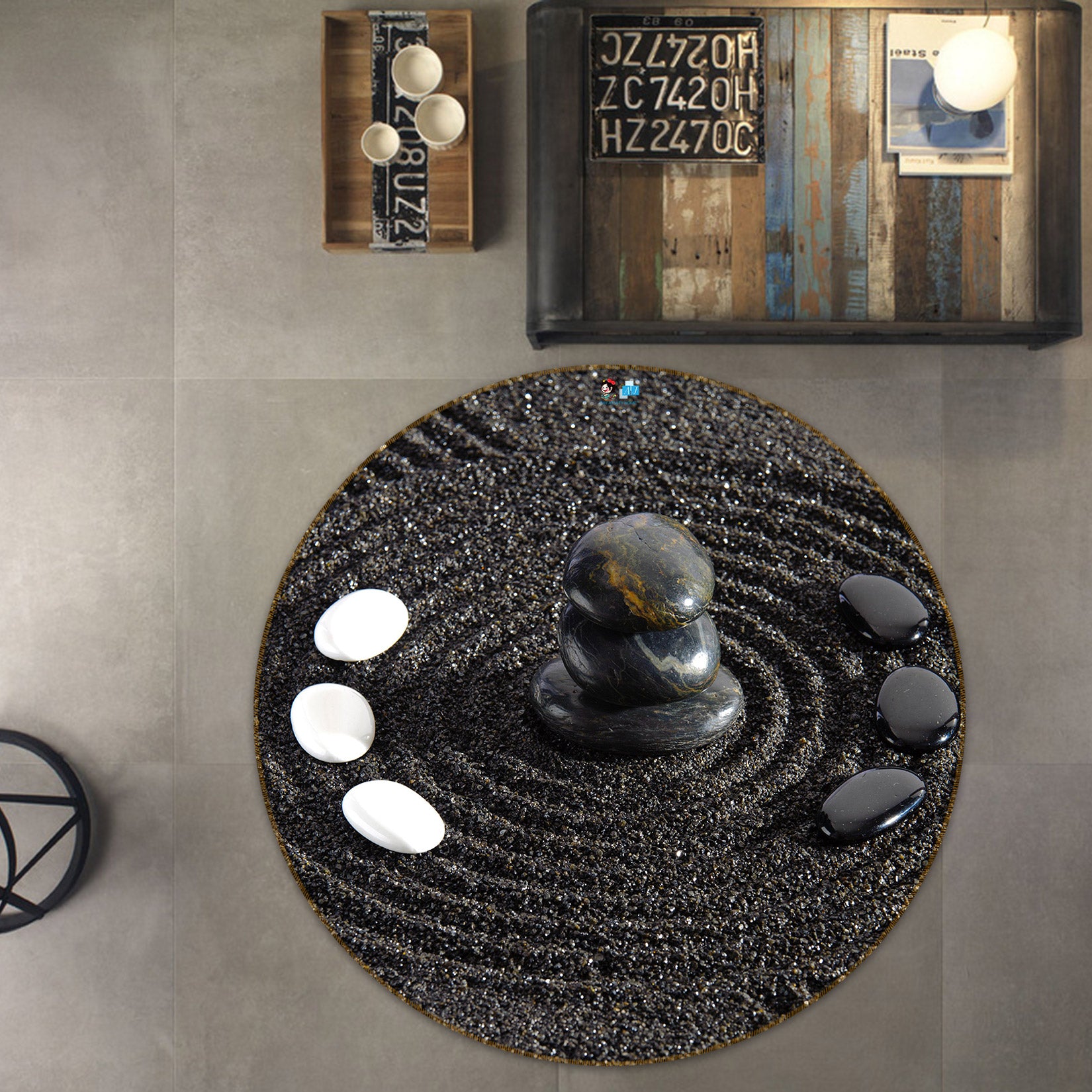 3D Black White Stone 72223 Round Non Slip Rug Mat