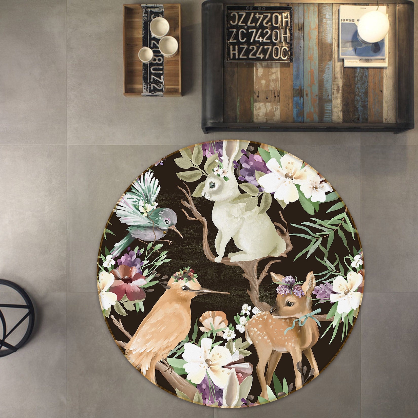 3D Deer Rabbit Bird Flower 37032 Round Non Slip Rug Mat