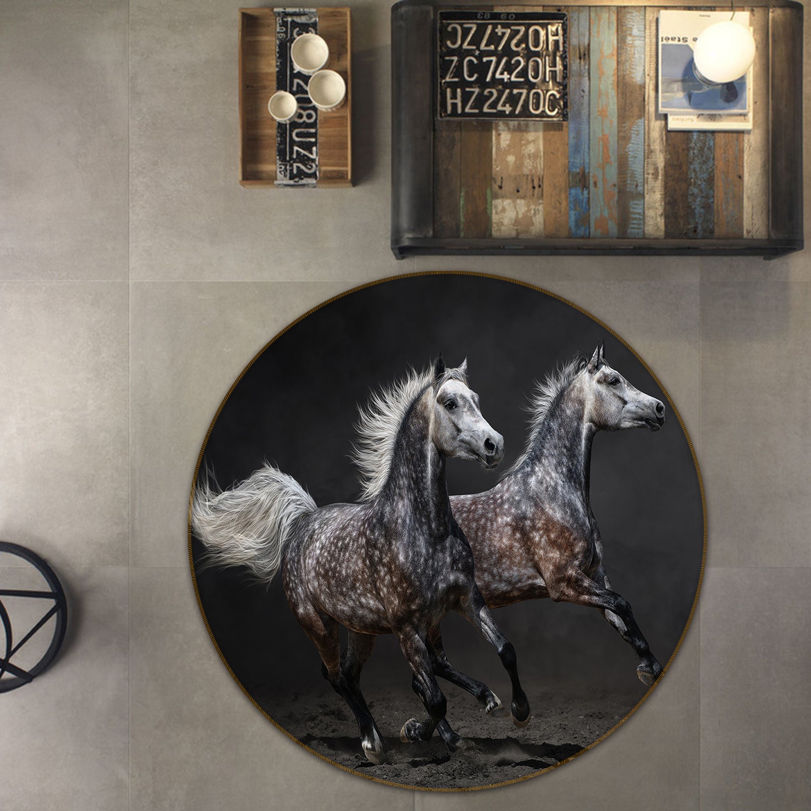 3D Two Horses 71197 Round Non Slip Rug Mat