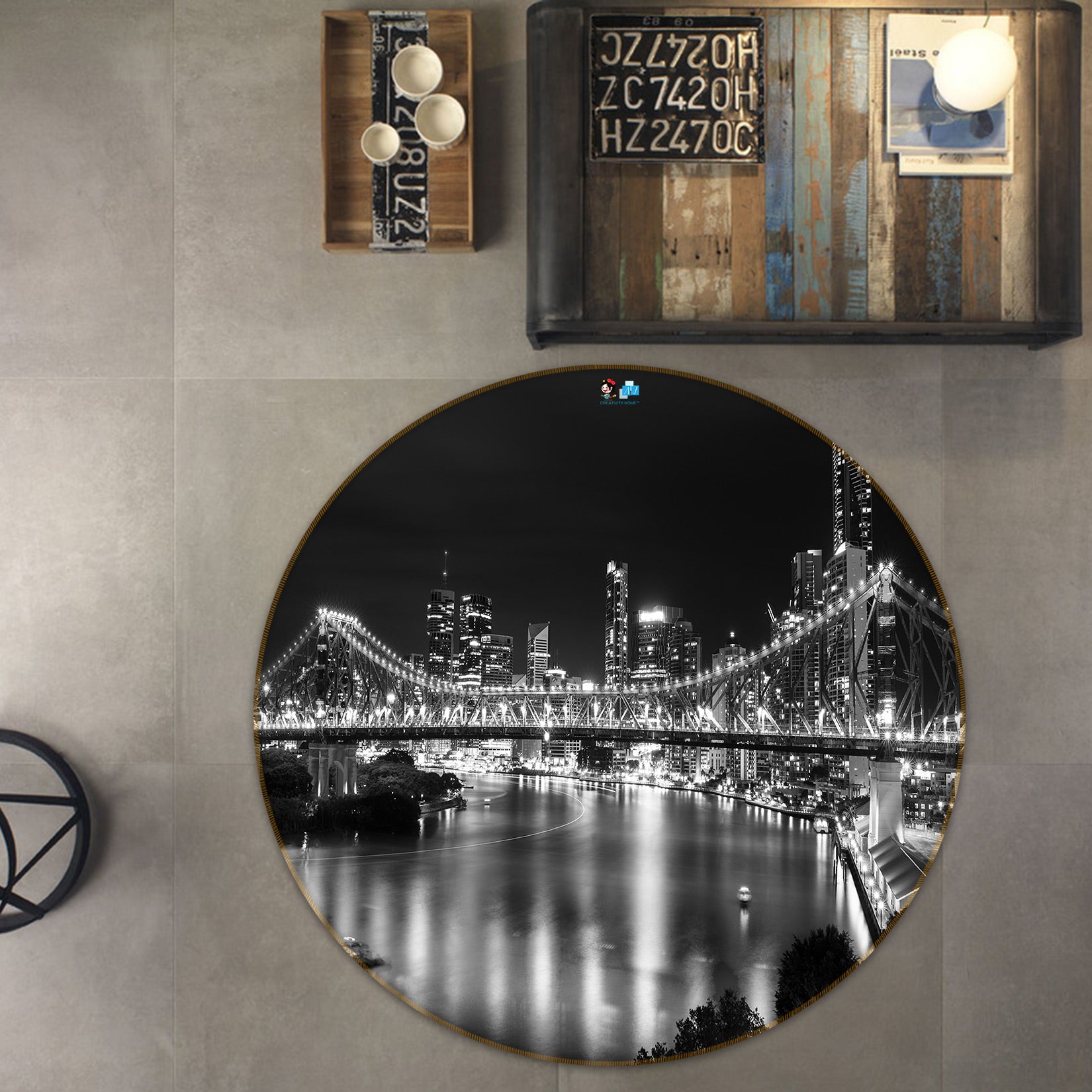 3D Black White City Bridge 72189 Round Non Slip Rug Mat