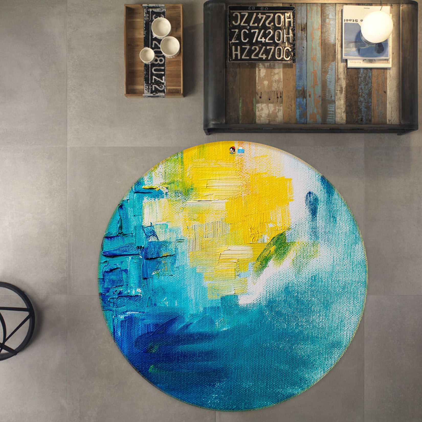 3D Oil Painting Yellow Blue 81216 Round Non Slip Rug Mat