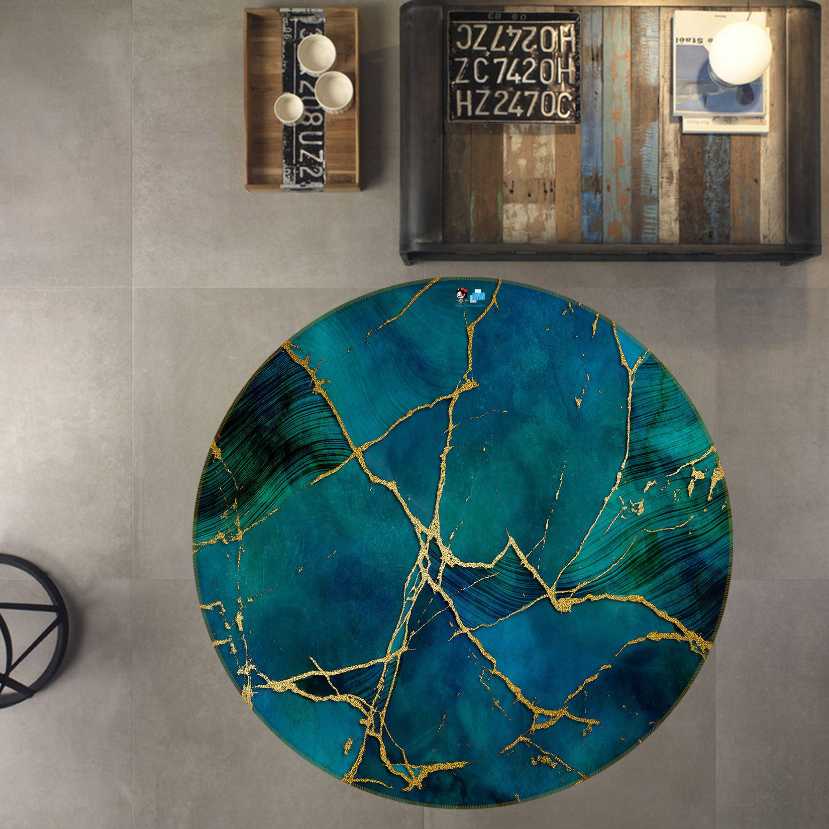 3D Phnom Penh Blue Block 83073 Andrea haase Rug Round Non Slip Rug Mat