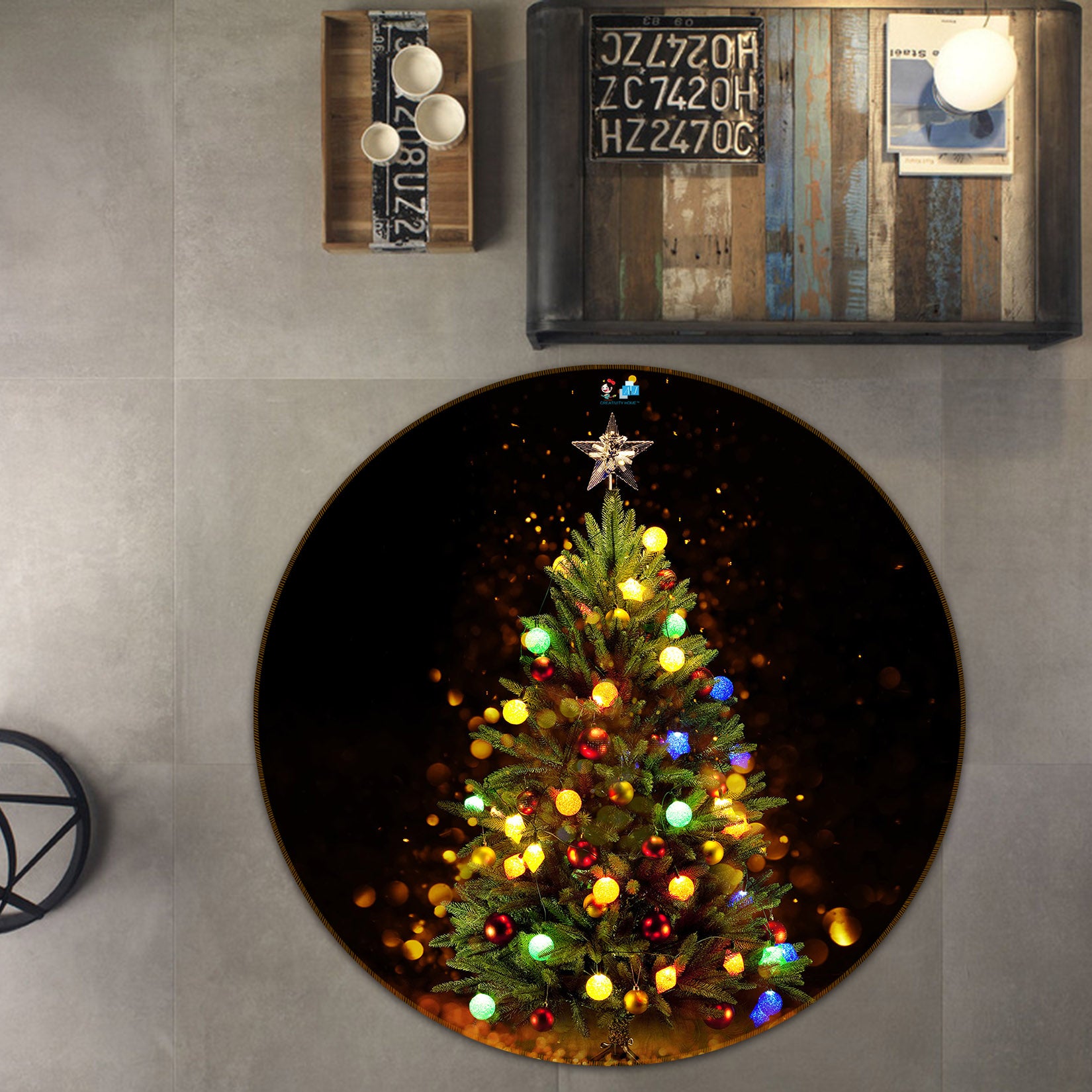3D Lantern Tree 54146 Christmas Round Non Slip Rug Mat Xmas