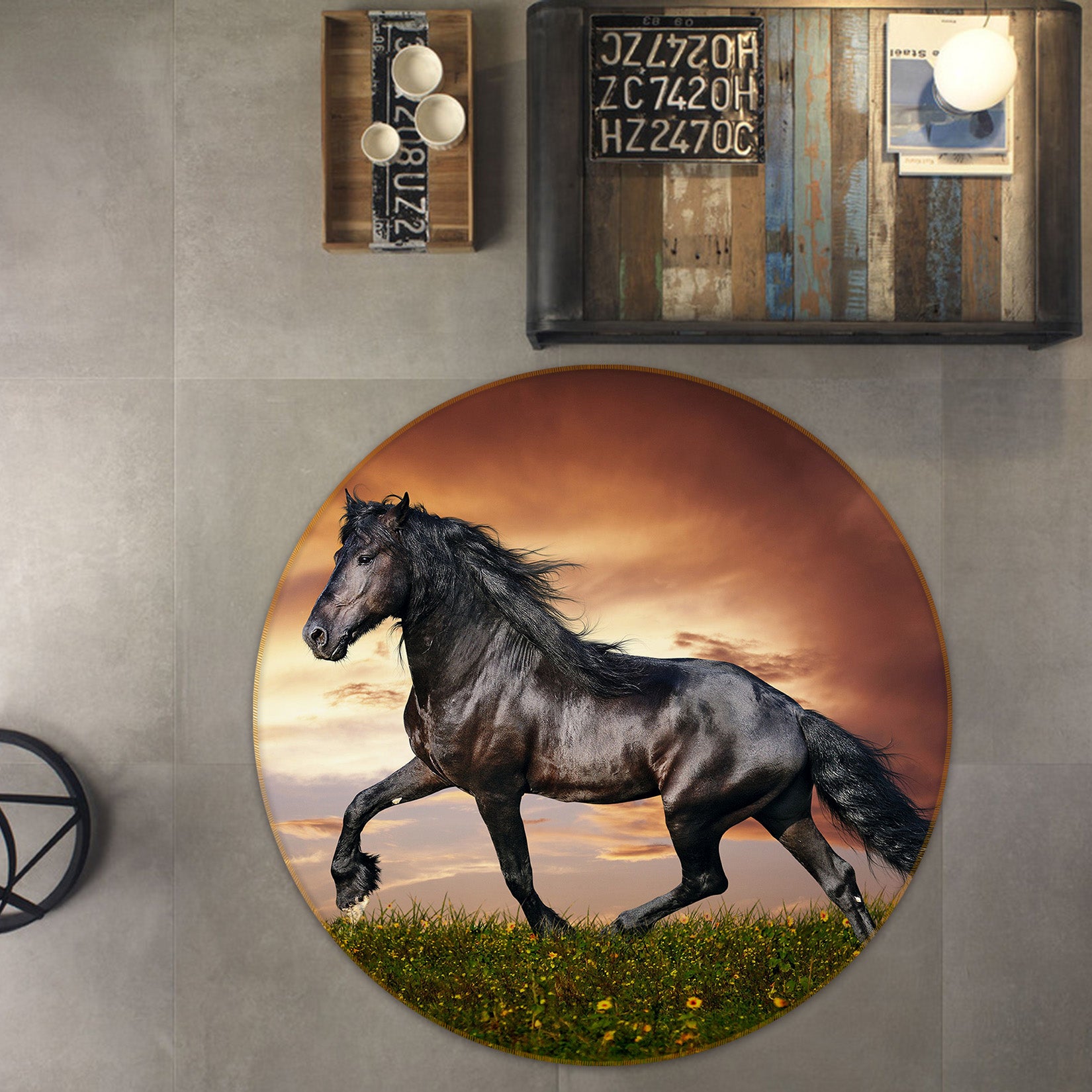 3D Black Horse 37185 Animal Round Non Slip Rug Mat