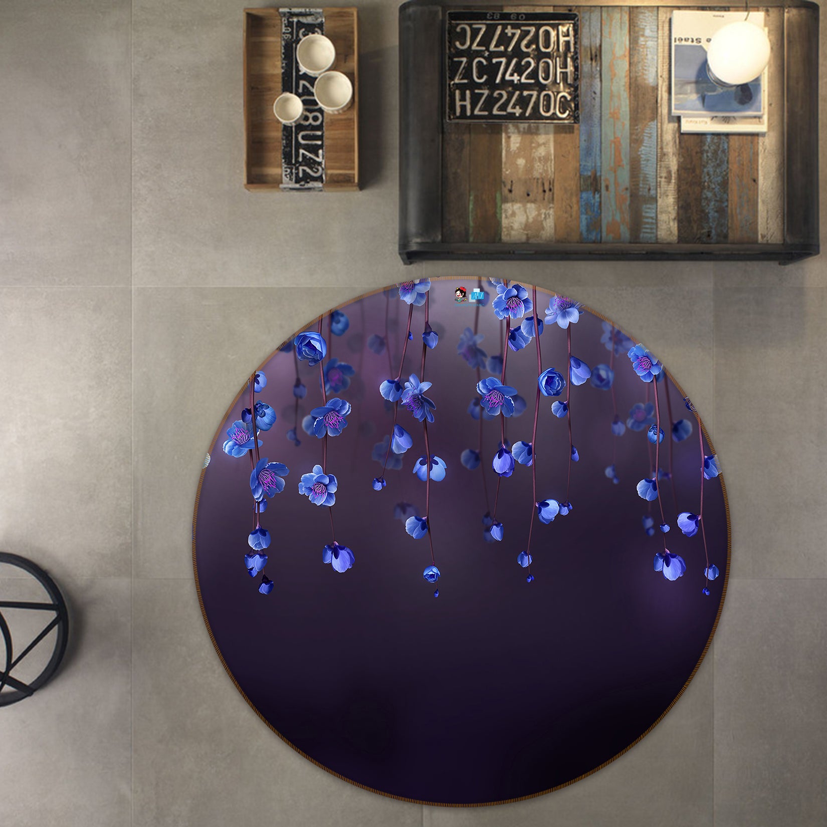 3D Purple Flower Vine 81021 Round Non Slip Rug Mat