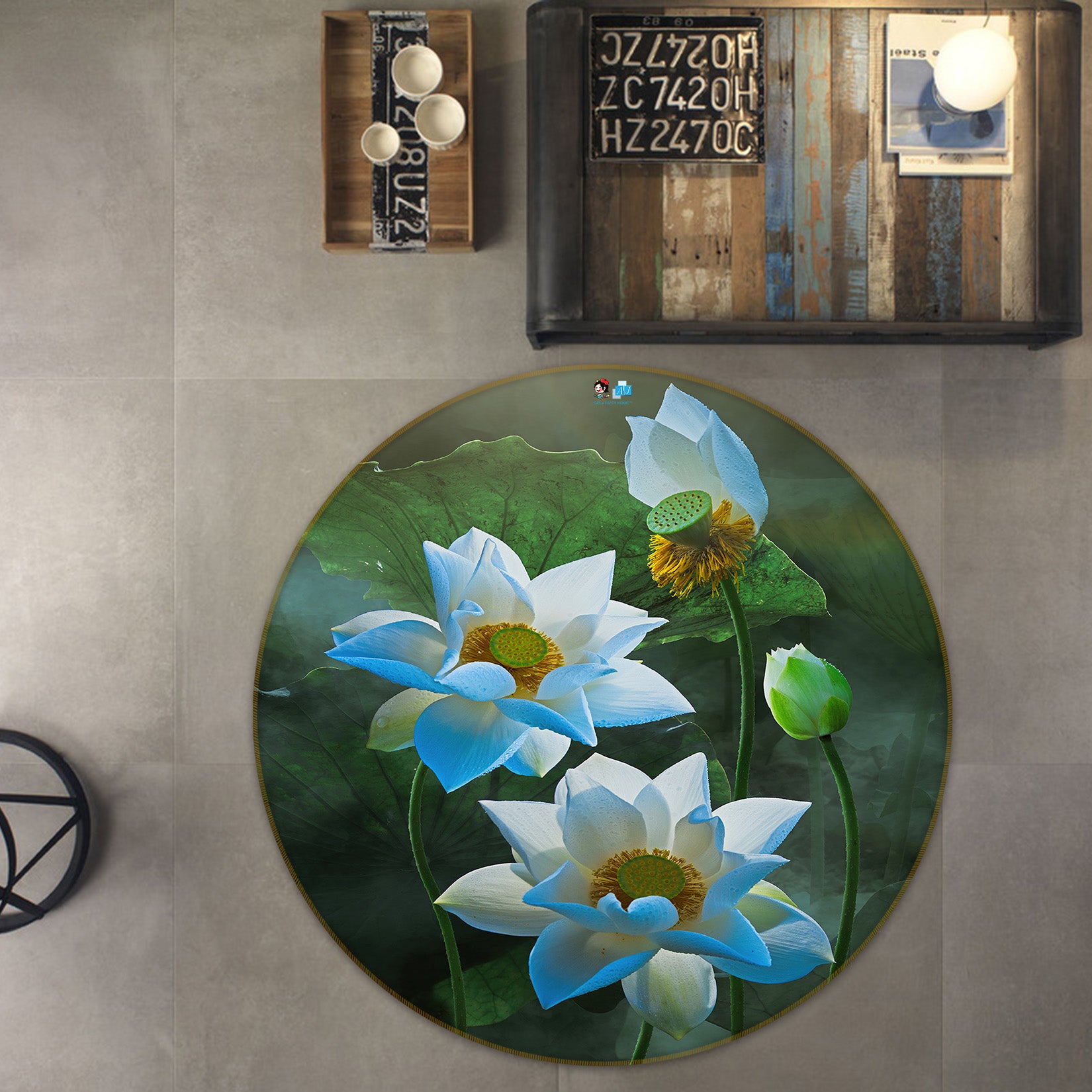 3D White Lotus 71172 Round Non Slip Rug Mat