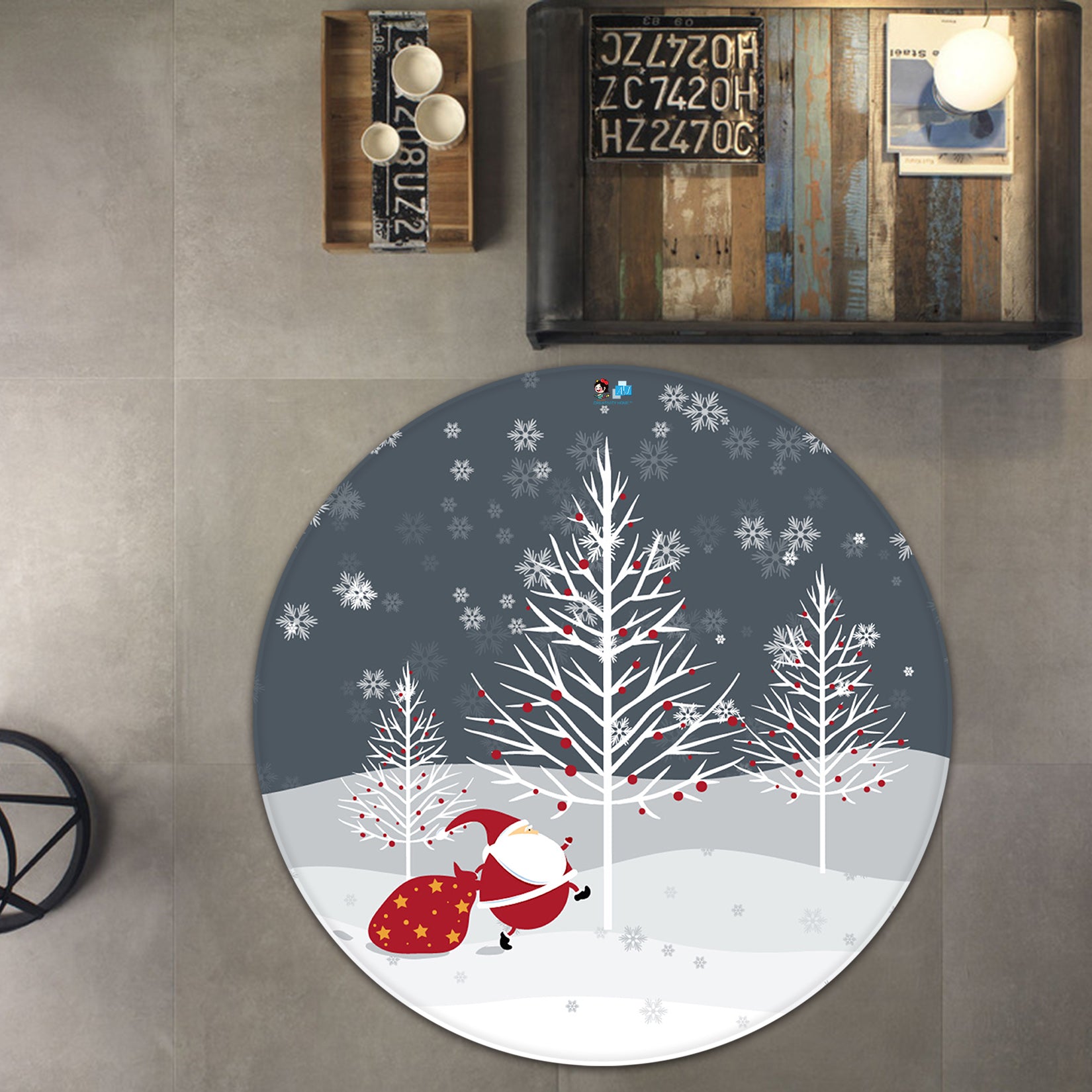 3D Snow Tree Santa Claus 66026 Christmas Round Non Slip Rug Mat Xmas