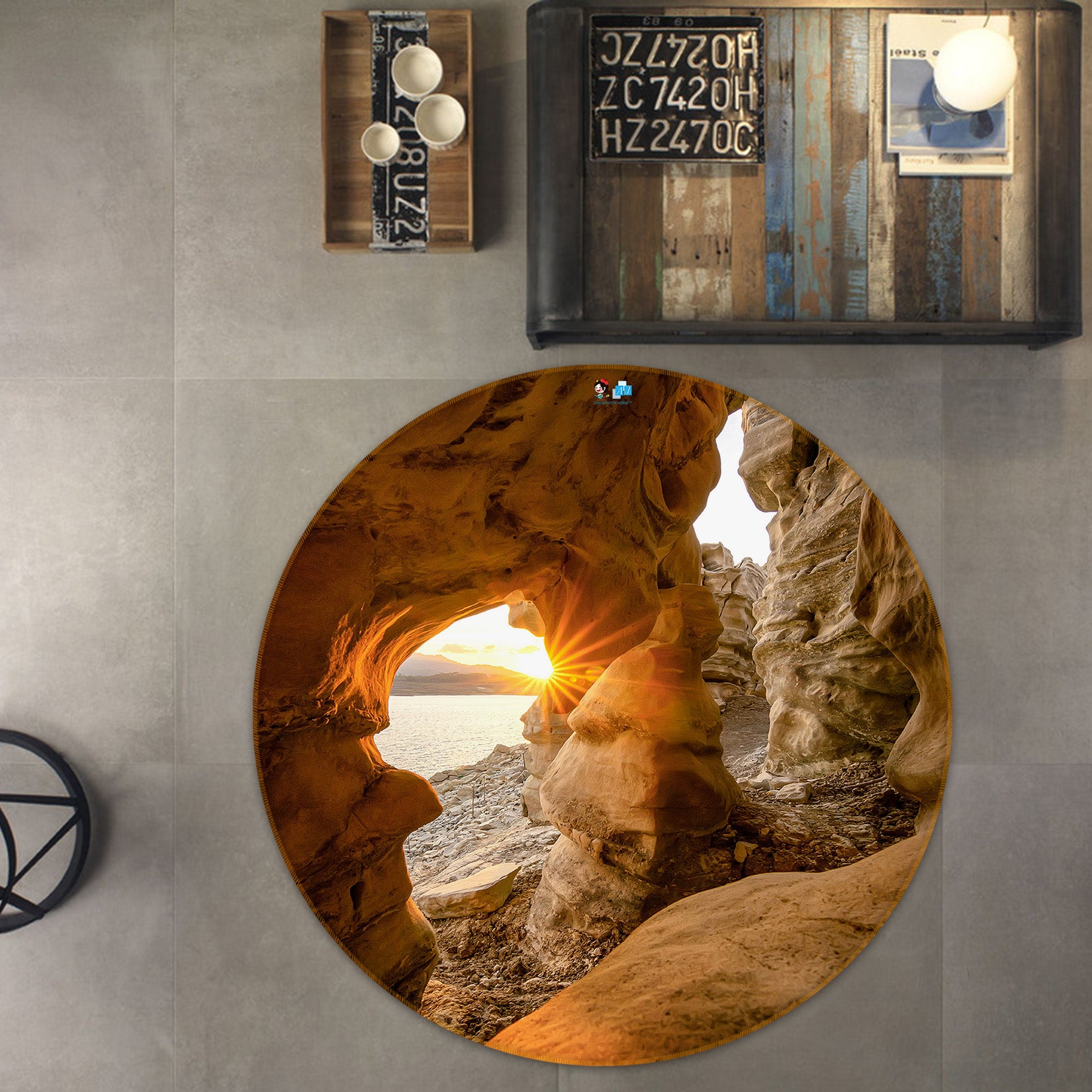 3D Stone Cave Sunlight 69200 Round Non Slip Rug Mat