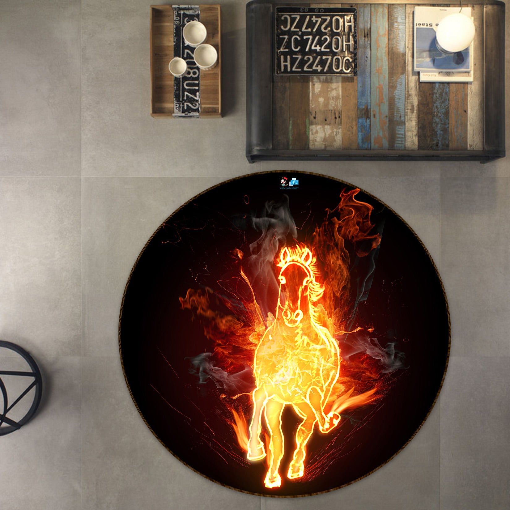 3D Flame Horse 72234 Round Non Slip Rug Mat