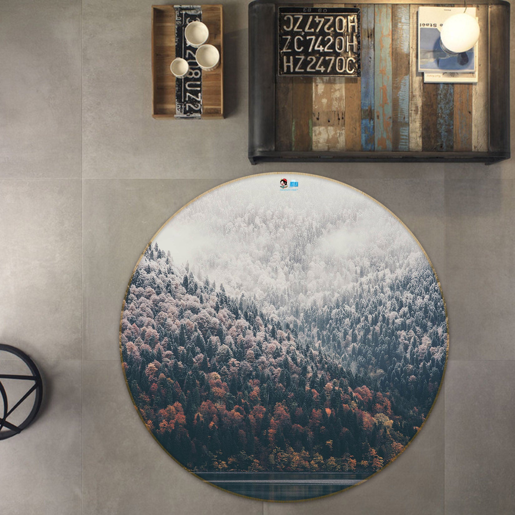 3D Mountain Trees 69221 Round Non Slip Rug Mat