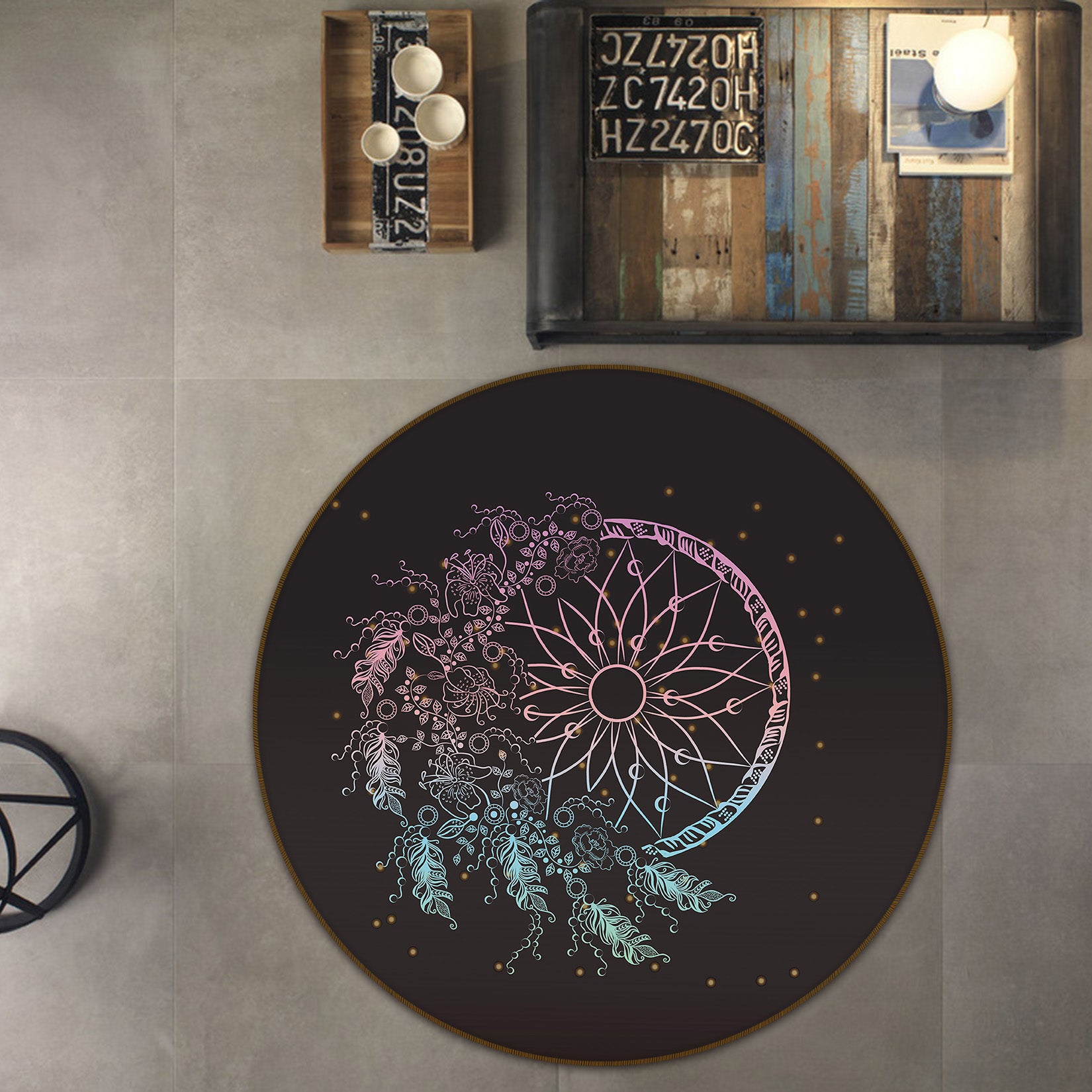 3D Flower Circle Dream Catcher 29039 Round Non Slip Rug Mat