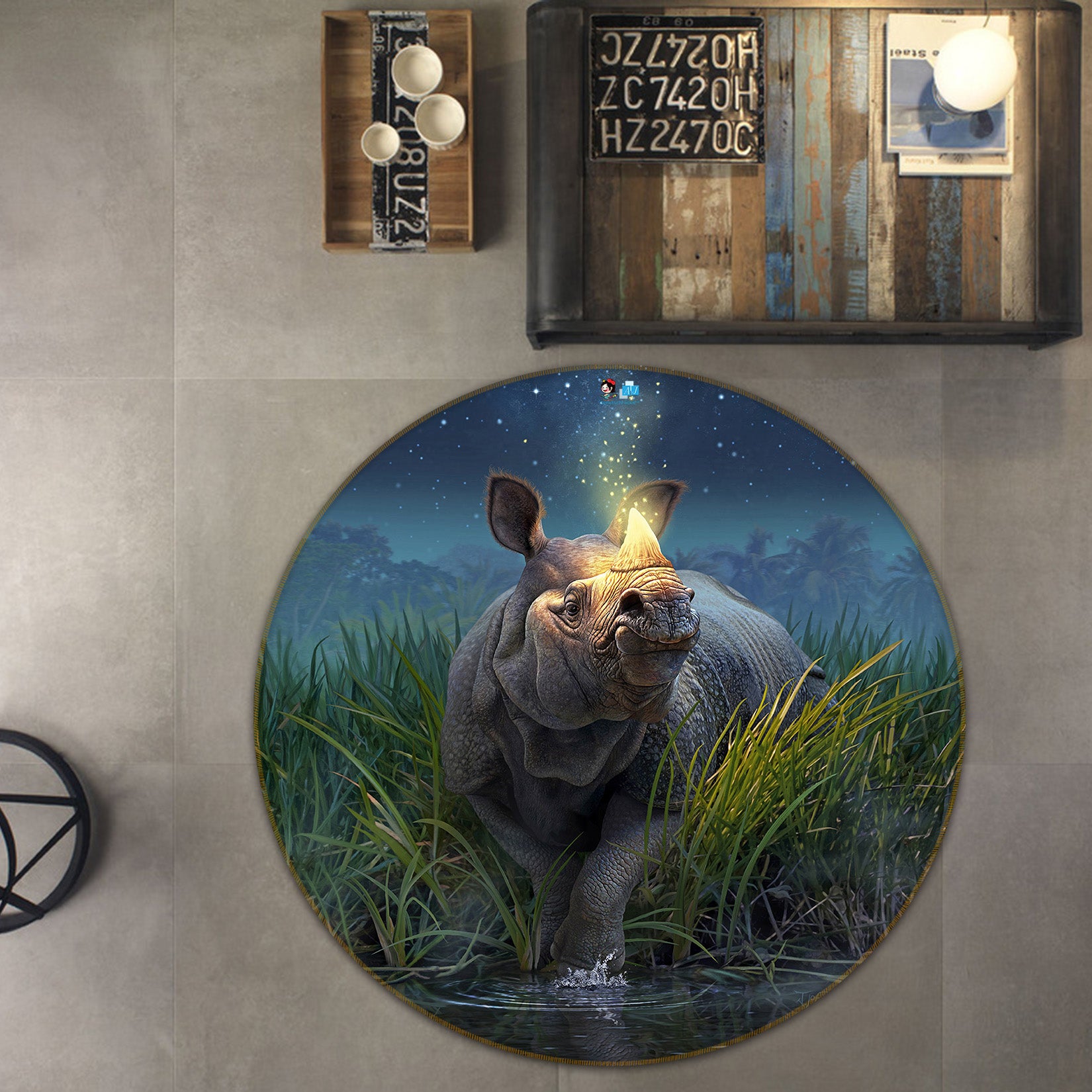 3D Rhinoceros Unicornis 85144 Jerry LoFaro Rug Round Non Slip Rug Mat