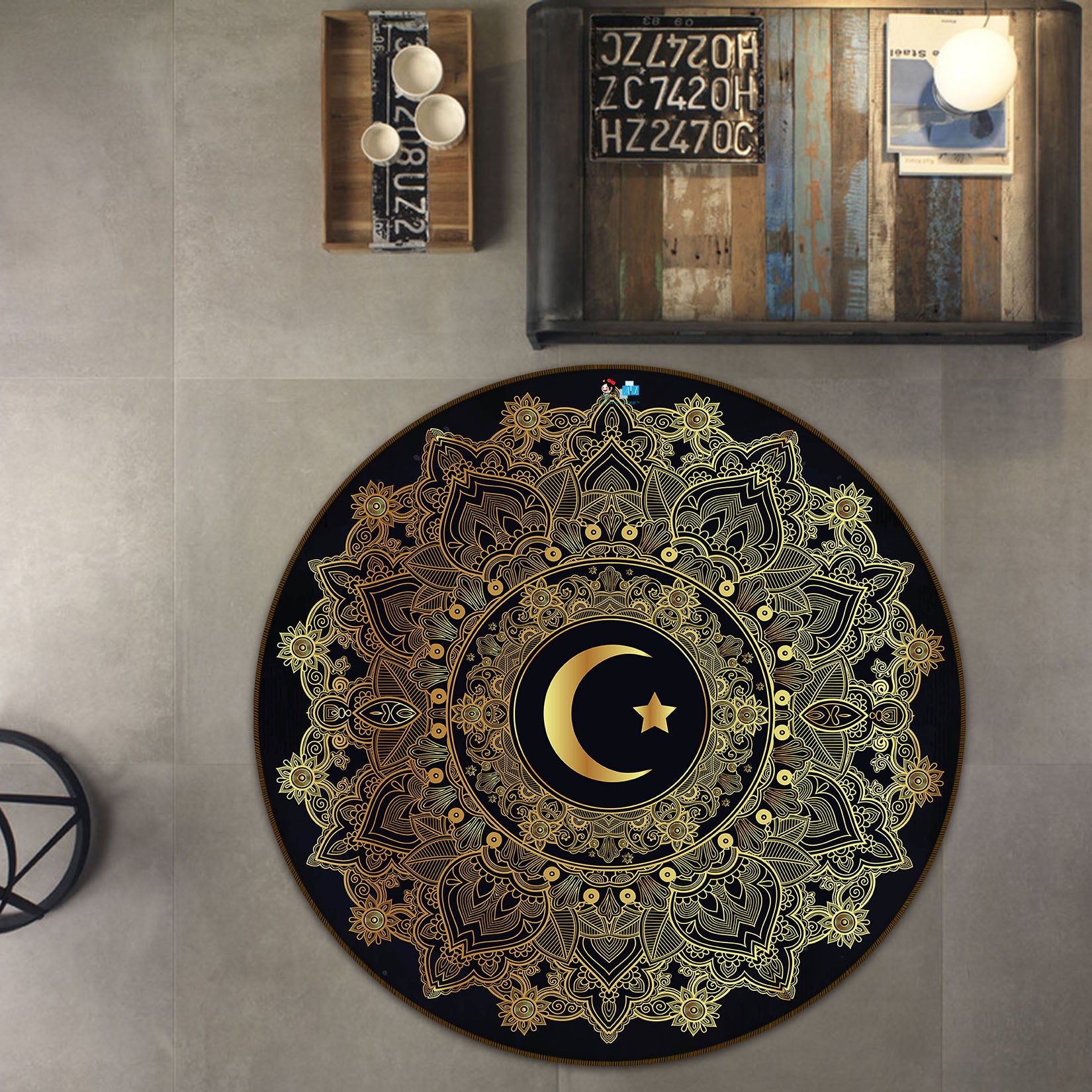 3D Golden Moon Pattern 75028 Round Non Slip Rug Mat
