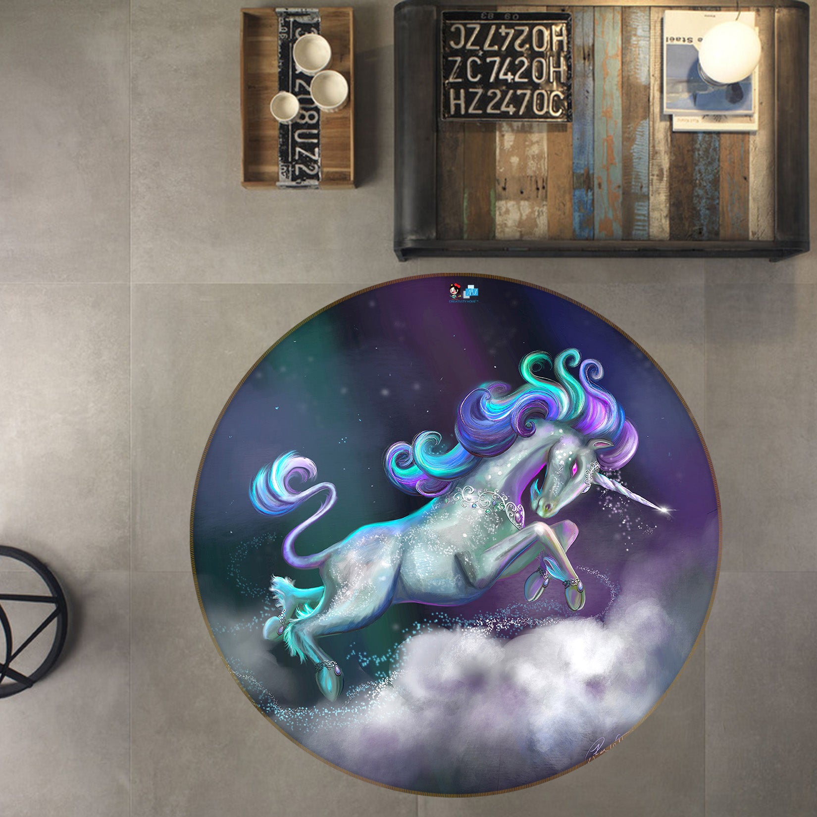 3D Unicorn Clouds 83163 Rose Catherine Khan Rug Round Non Slip Rug Mat