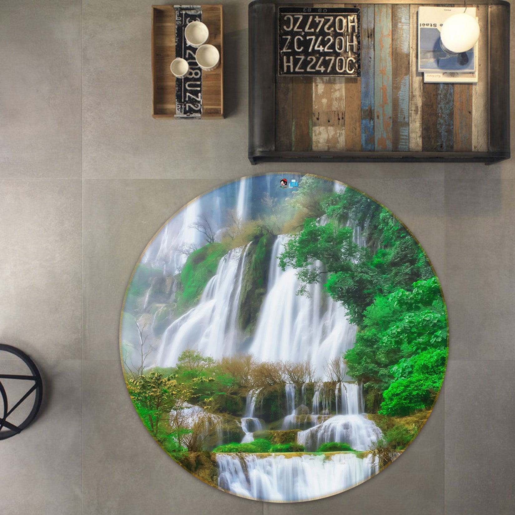 3D Mountain Waterfall 69119 Round Non Slip Rug Mat