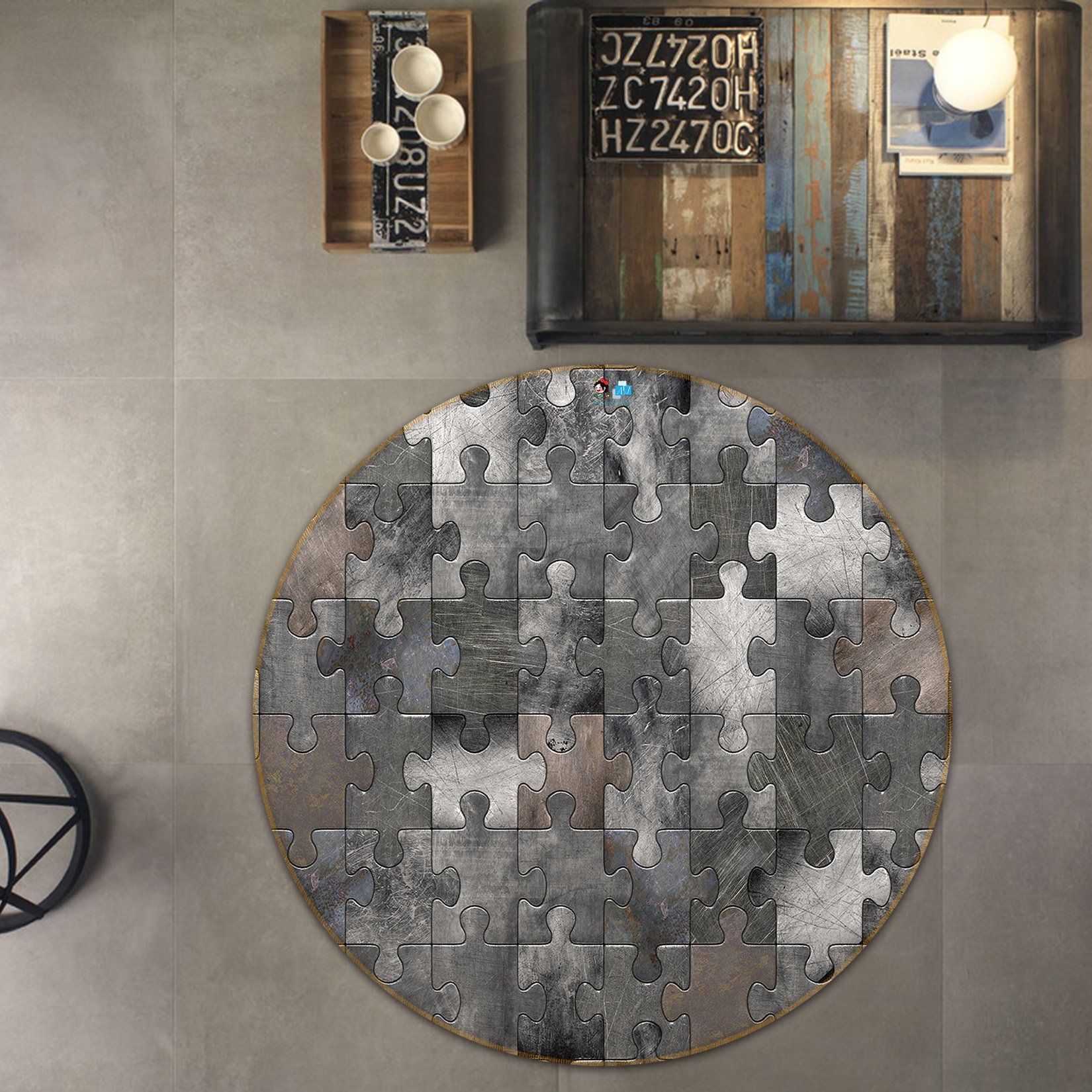3D Gray Puzzle Stitching 88 Round Non Slip Rug Mat Mat AJ Creativity Home