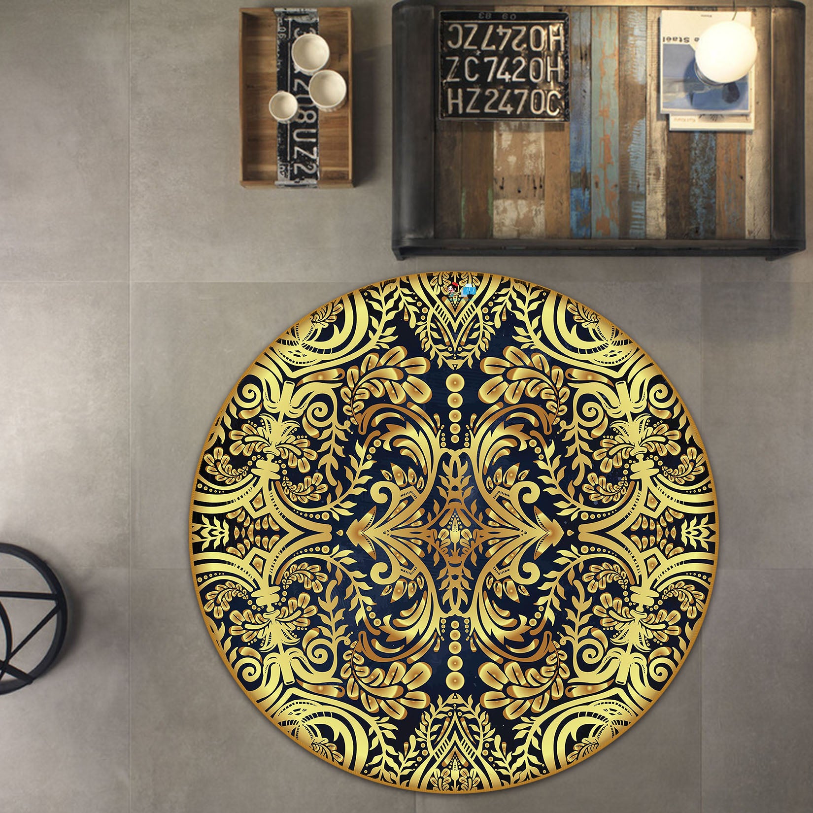 3D Golden Pattern Totem 74278 Round Non Slip Rug Mat