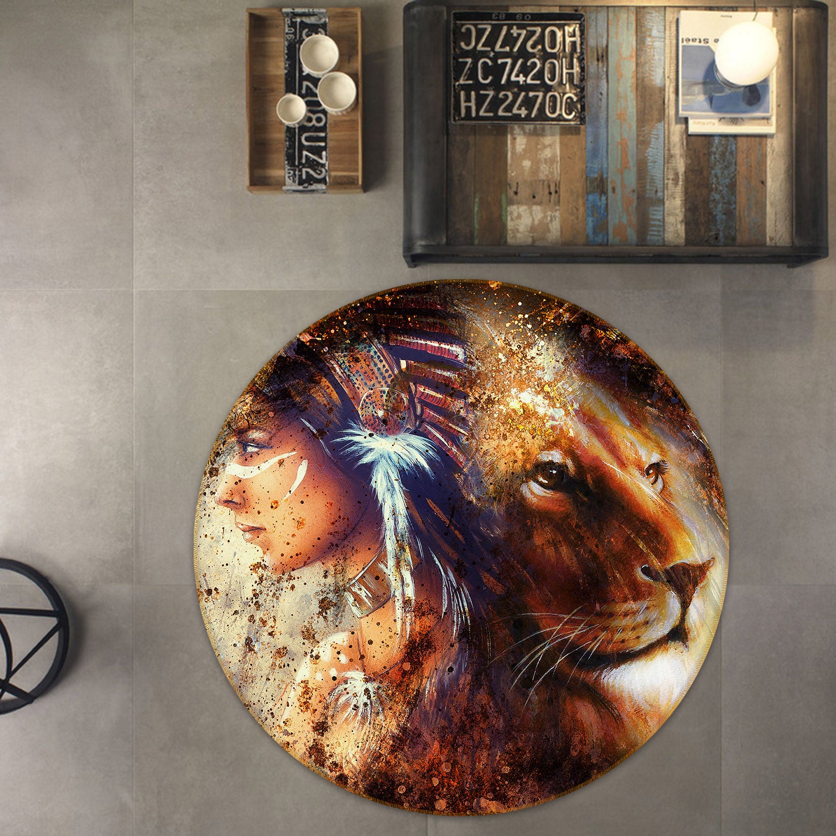 3D Lion Girl 36237 Round Non Slip Rug Mat
