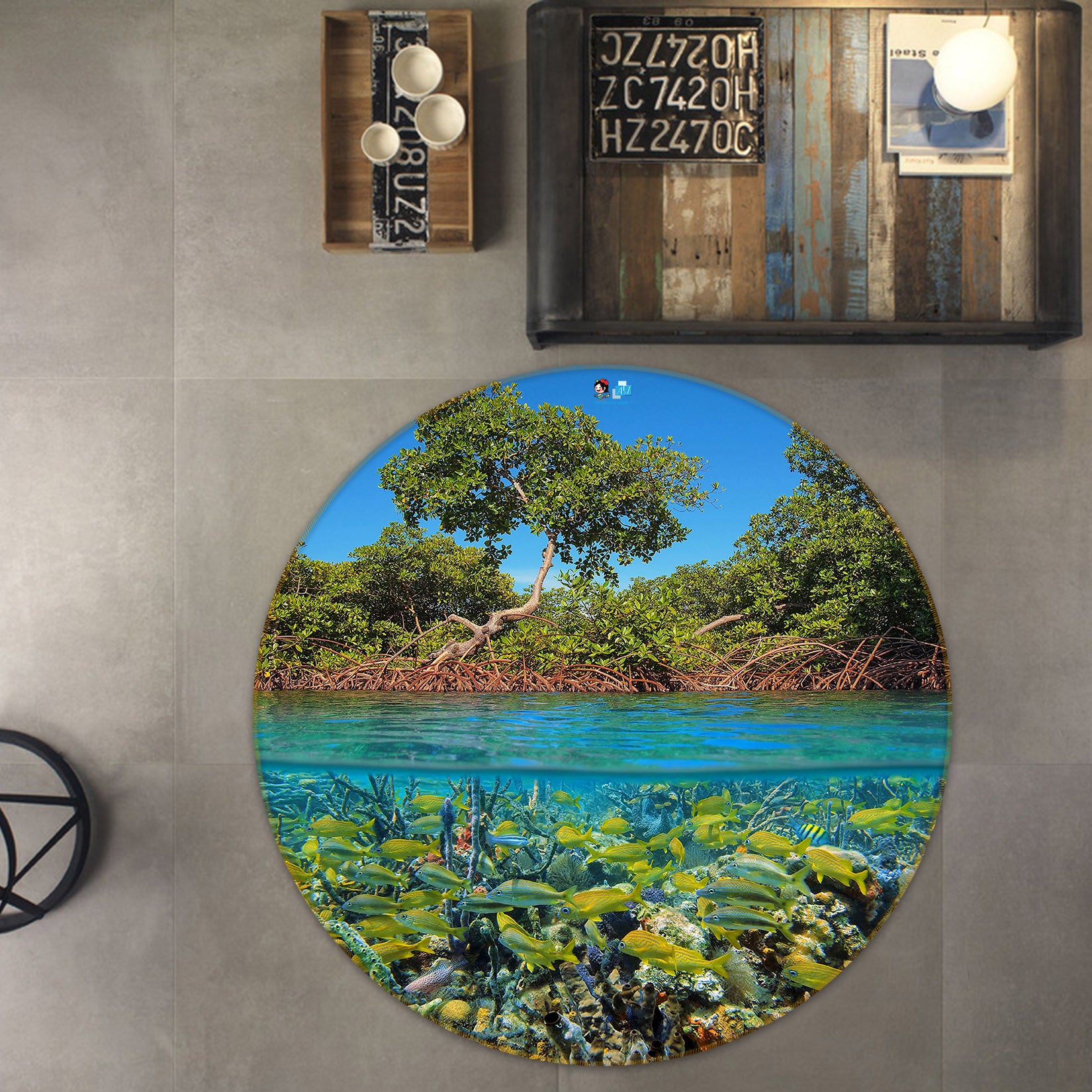3D Tree River 69097 Round Non Slip Rug Mat