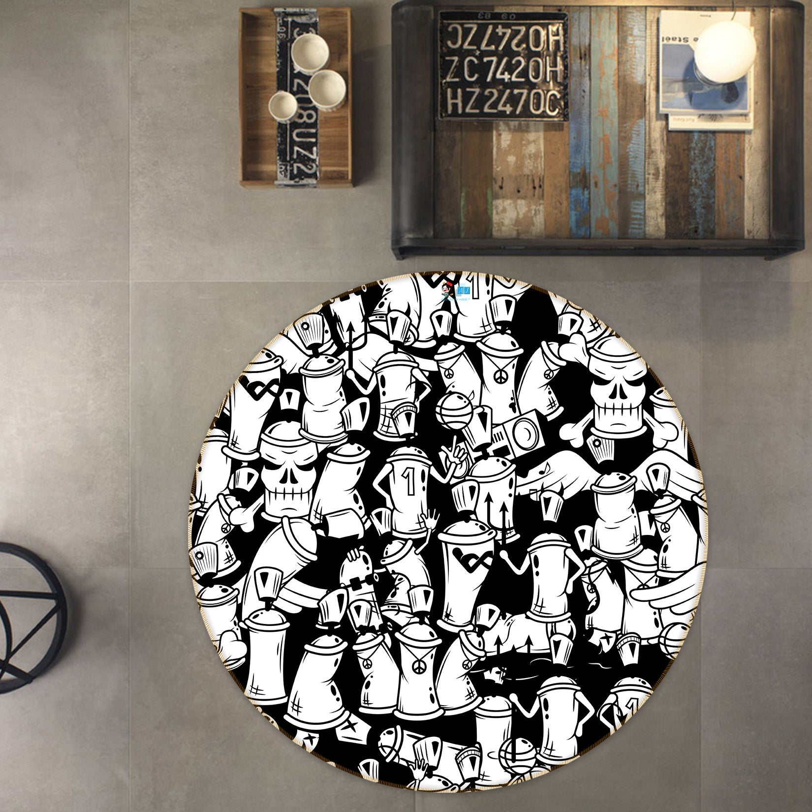 3D Black White Graffiti Spray 81226 Round Non Slip Rug Mat