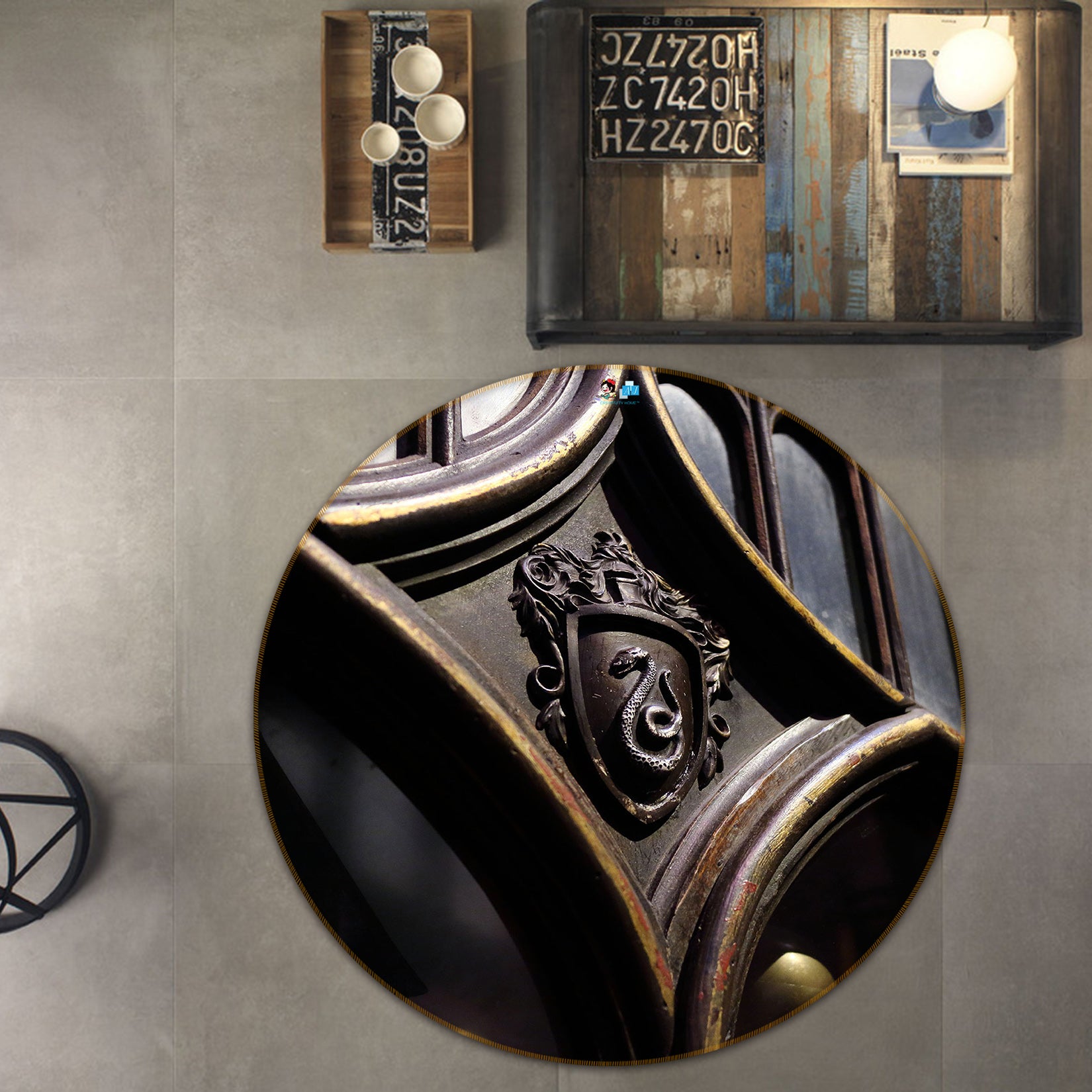 3D Wood Carving Pattern 72131 Round Non Slip Rug Mat