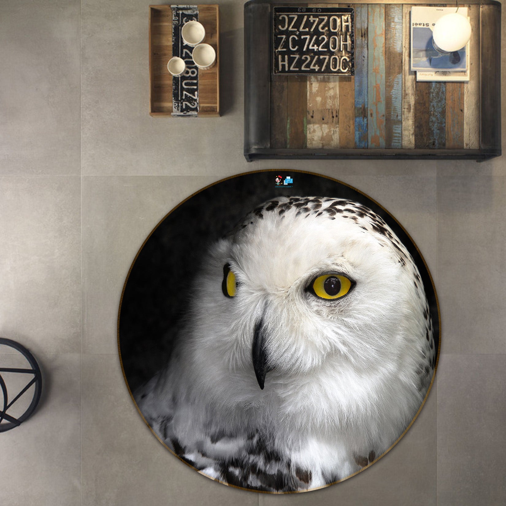 3D White Owl 72057 Round Non Slip Rug Mat