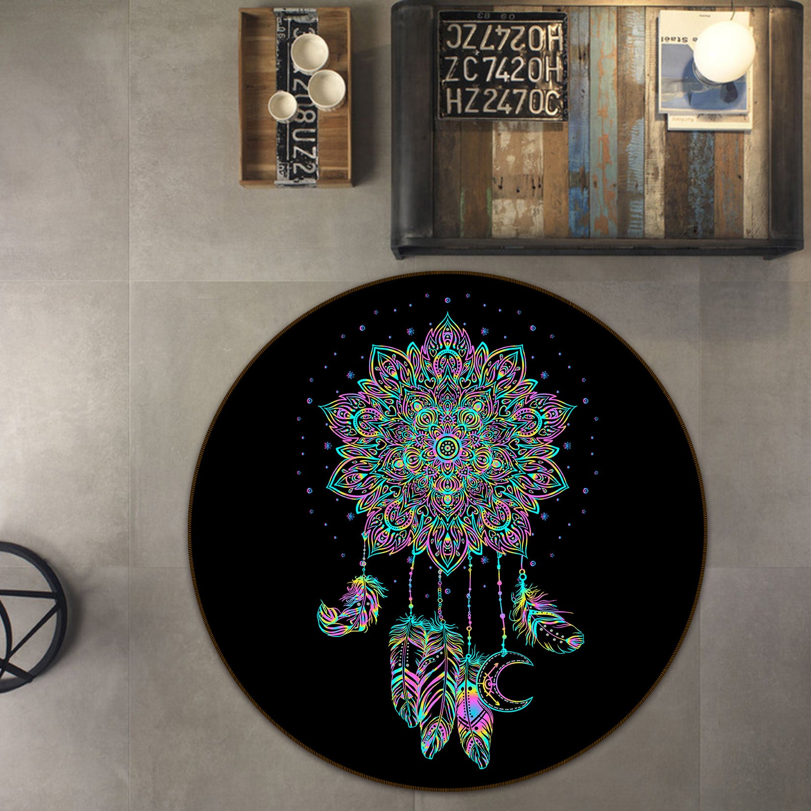 3D Pattern Dream Catcher 29015 Round Non Slip Rug Mat