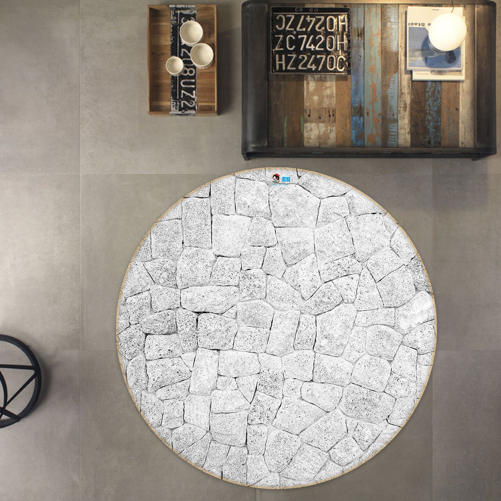 3D Stone Wall 80208 Round Non Slip Rug Mat