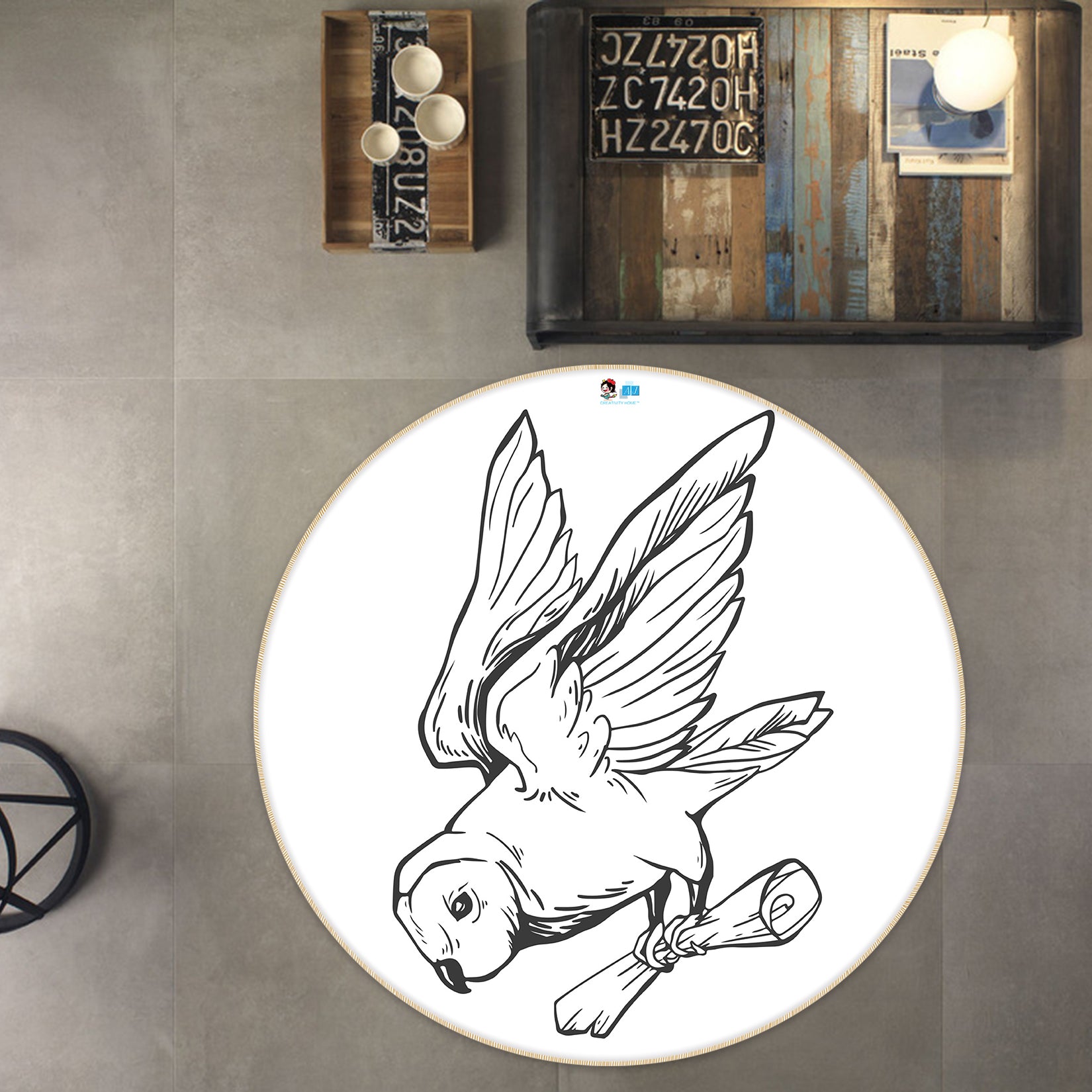 3D Black White Bird 72124 Round Non Slip Rug Mat