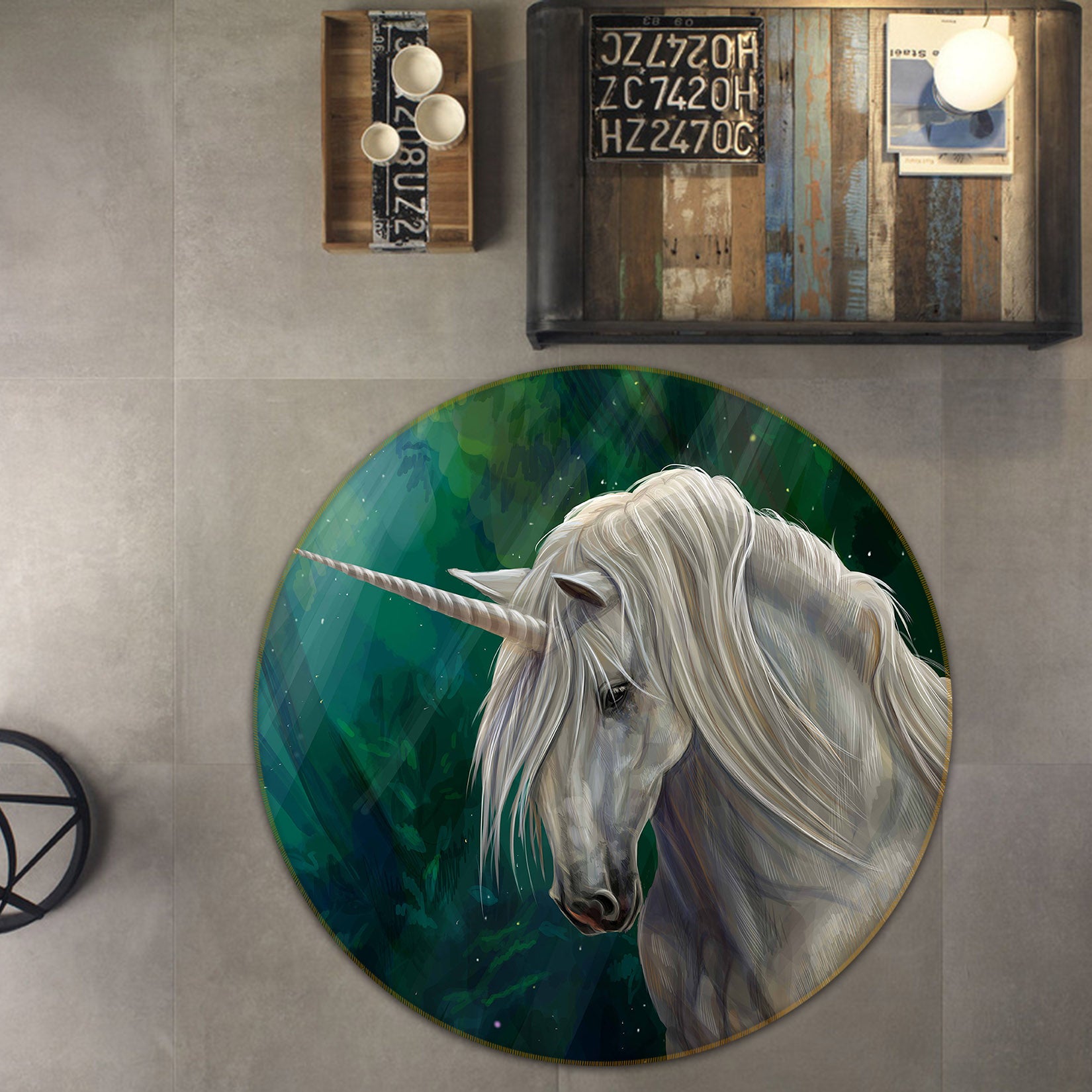 3D White Horned Horse 37158 Animal Round Non Slip Rug Mat