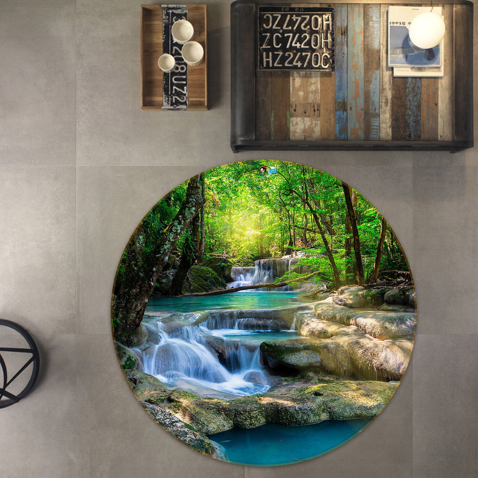 3D Forest Running Water 69154 Round Non Slip Rug Mat