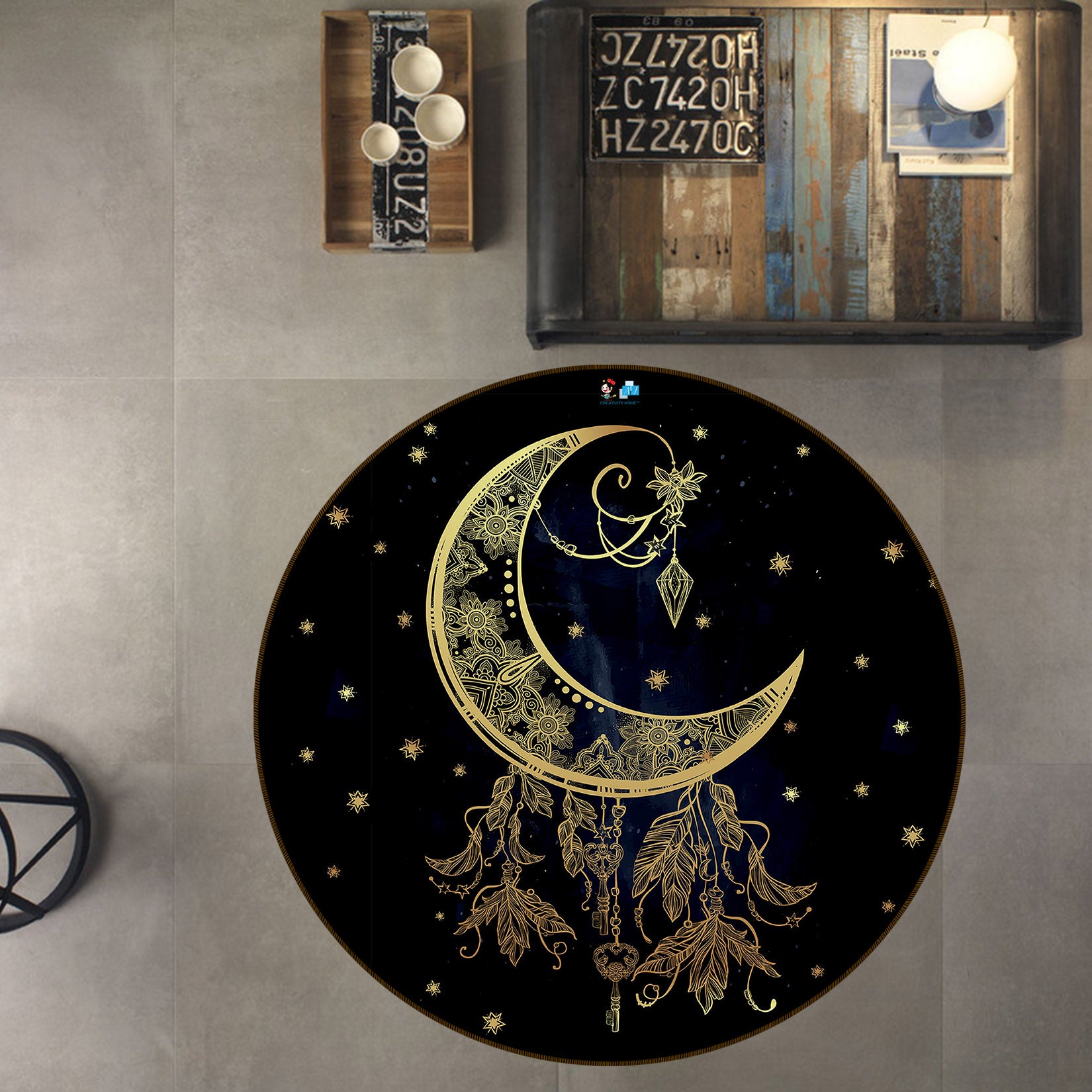 3D Golden Moon Pattern 75121 Round Non Slip Rug Mat