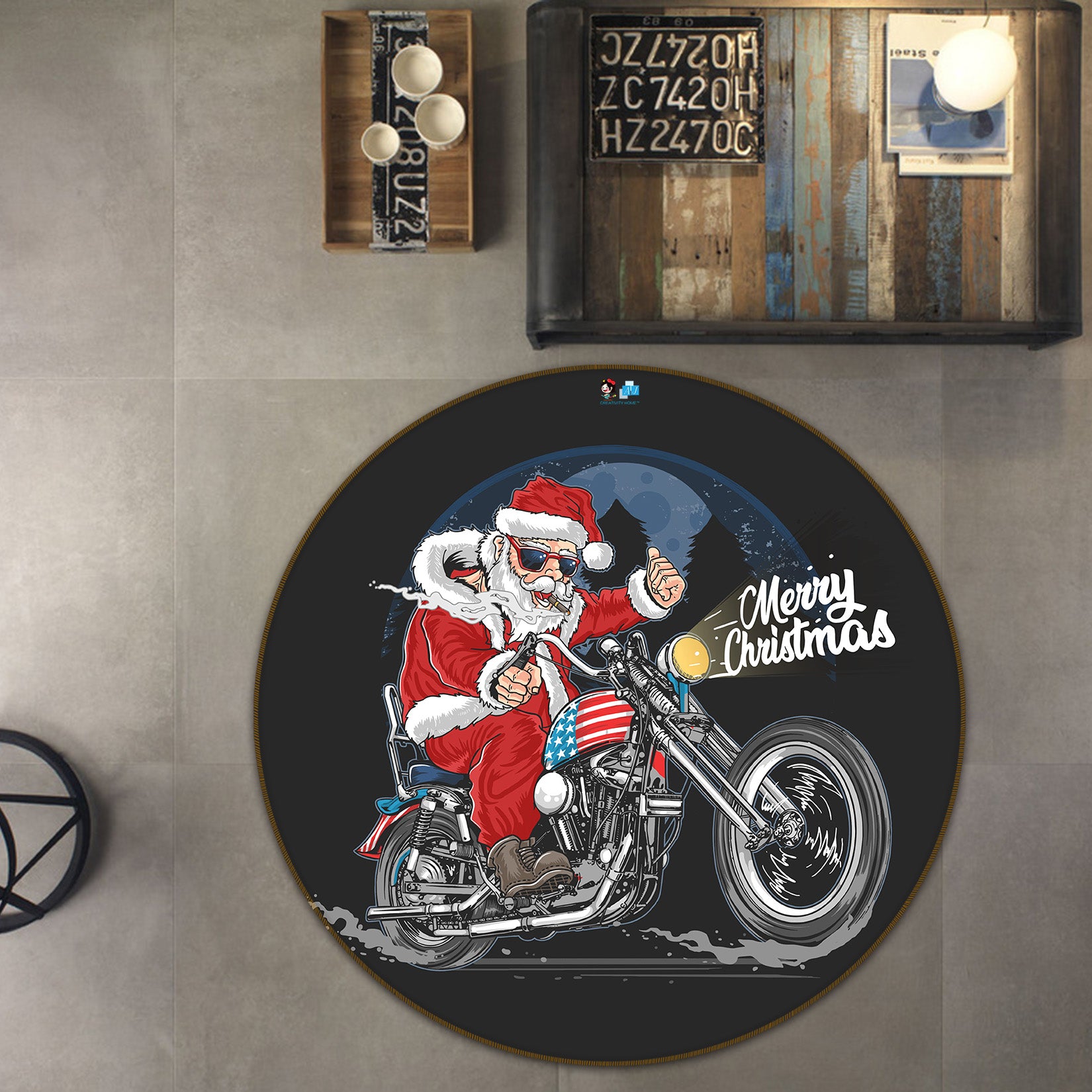 3D Santa Motorcycle 74272 Round Non Slip Rug Mat