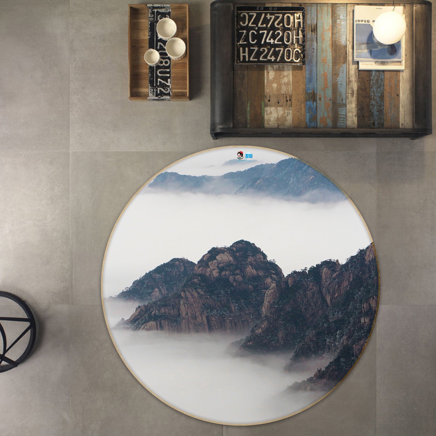 3D Mountains Cloud 69171 Round Non Slip Rug Mat