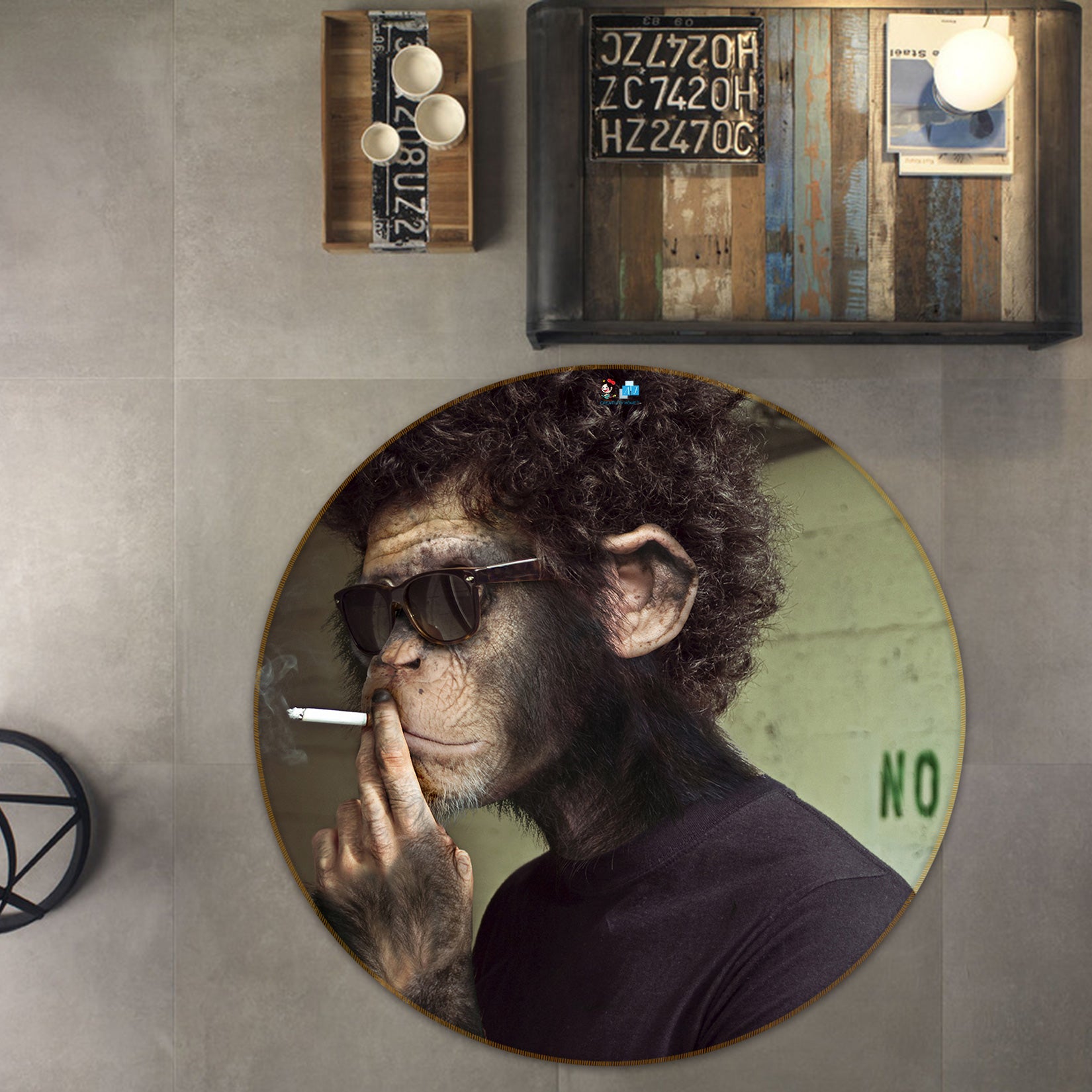 3D Monkey Smoking 72288 Round Non Slip Rug Mat