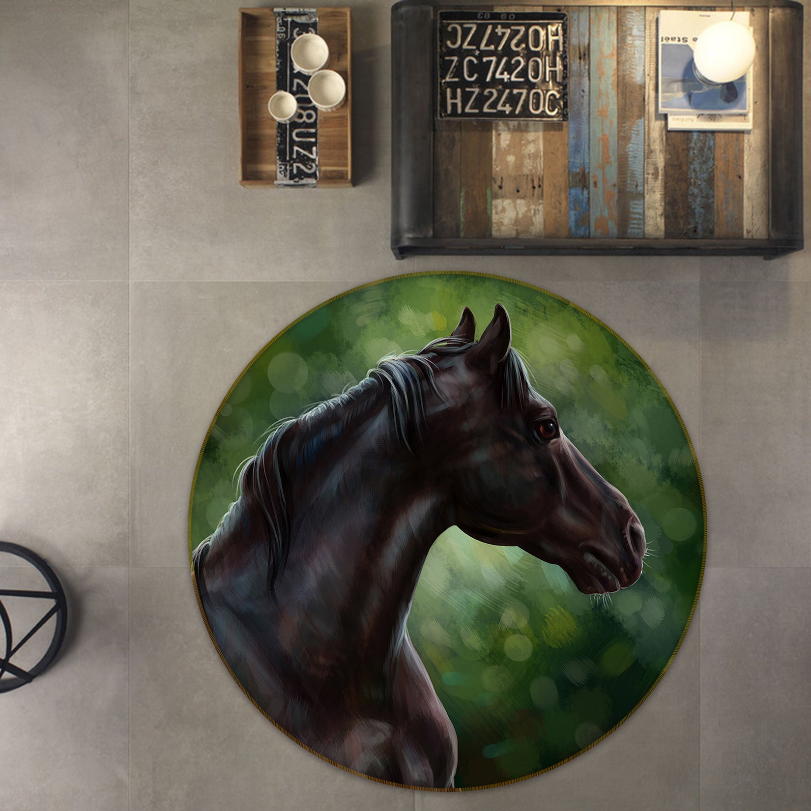 3D Black Horse 37163 Animal Round Non Slip Rug Mat