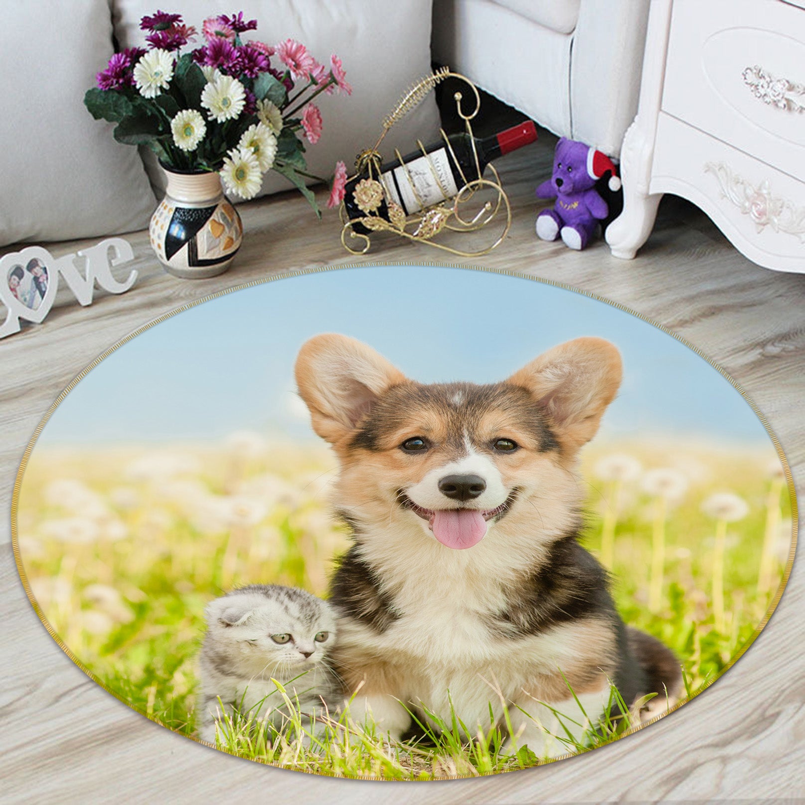 3D Grassland Puppy Kitten 29038 Round Non Slip Rug Mat
