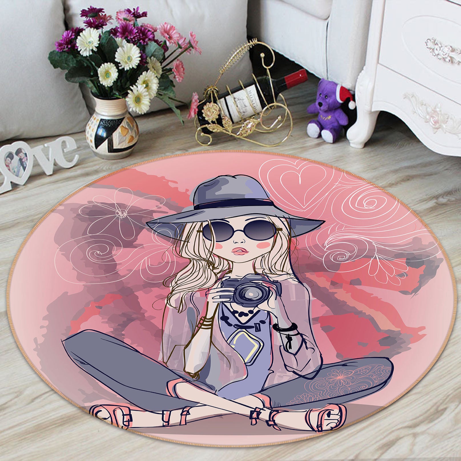 3D Camera Girl 29029 Round Non Slip Rug Mat