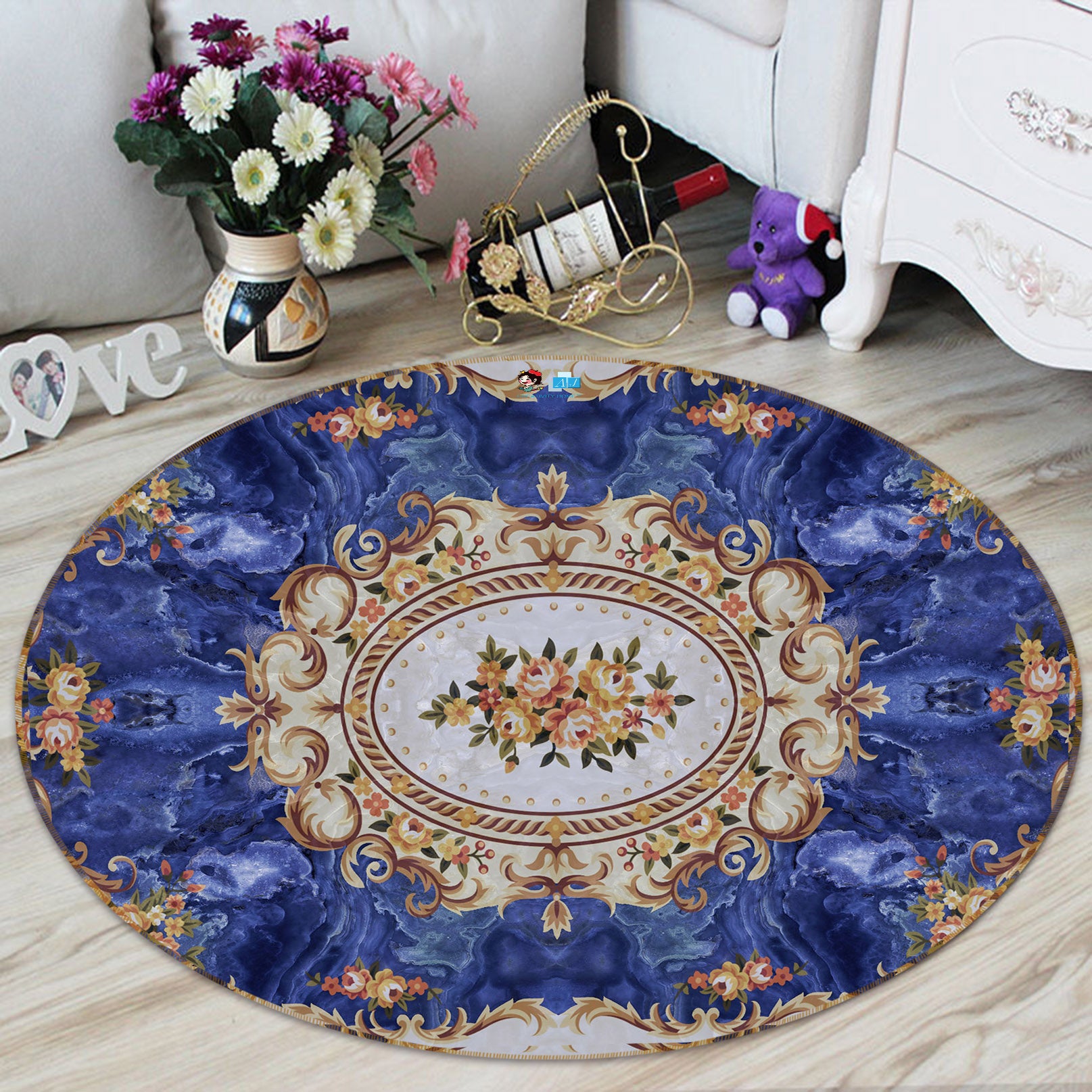 3D Blue Pattern 74016 Round Non Slip Rug Mat