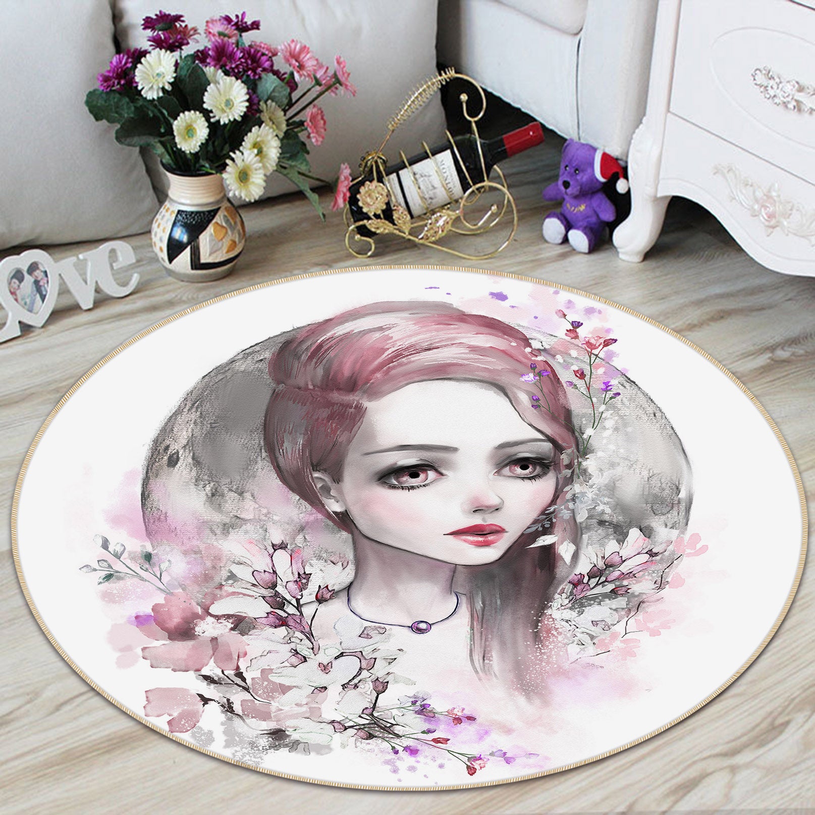 3D Pretty Girl Flower 29001 Round Non Slip Rug Mat
