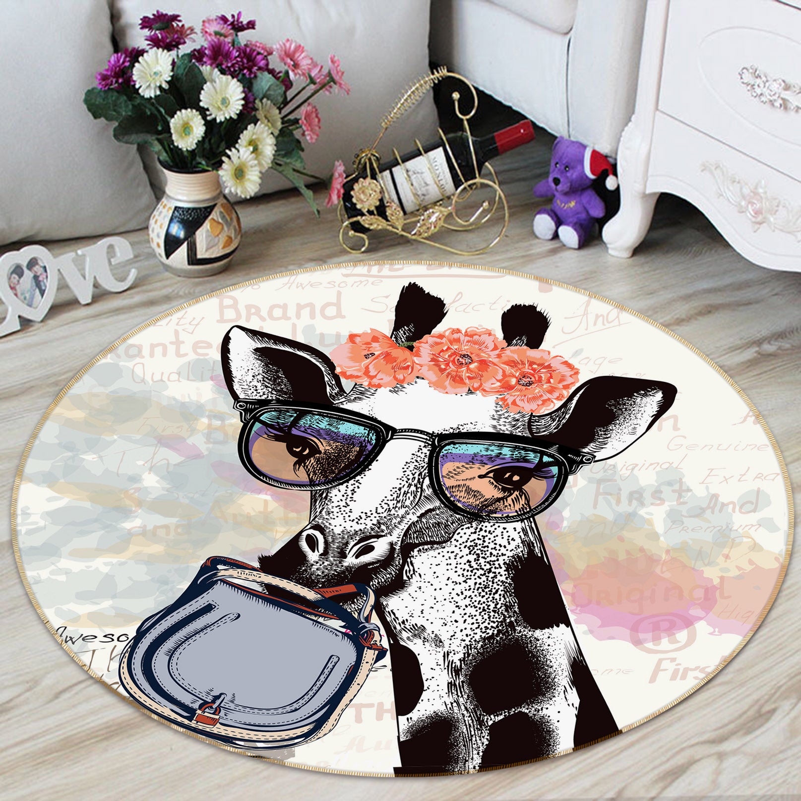 3D Giraffe Sunglasses 29092 Round Non Slip Rug Mat