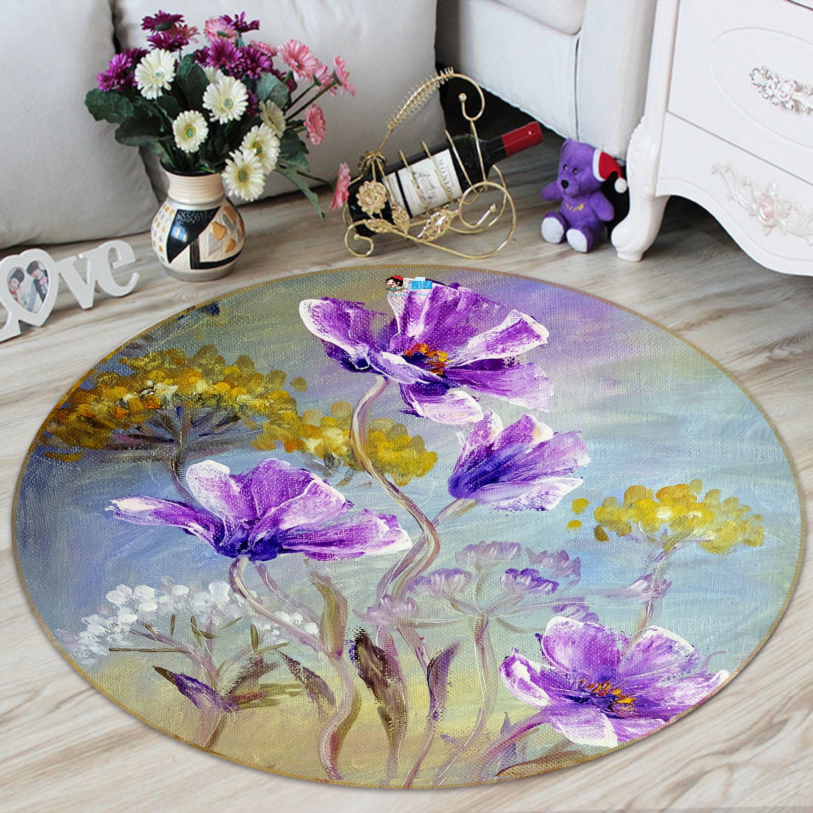 3D Purple Flowers 69091 Round Non Slip Rug Mat