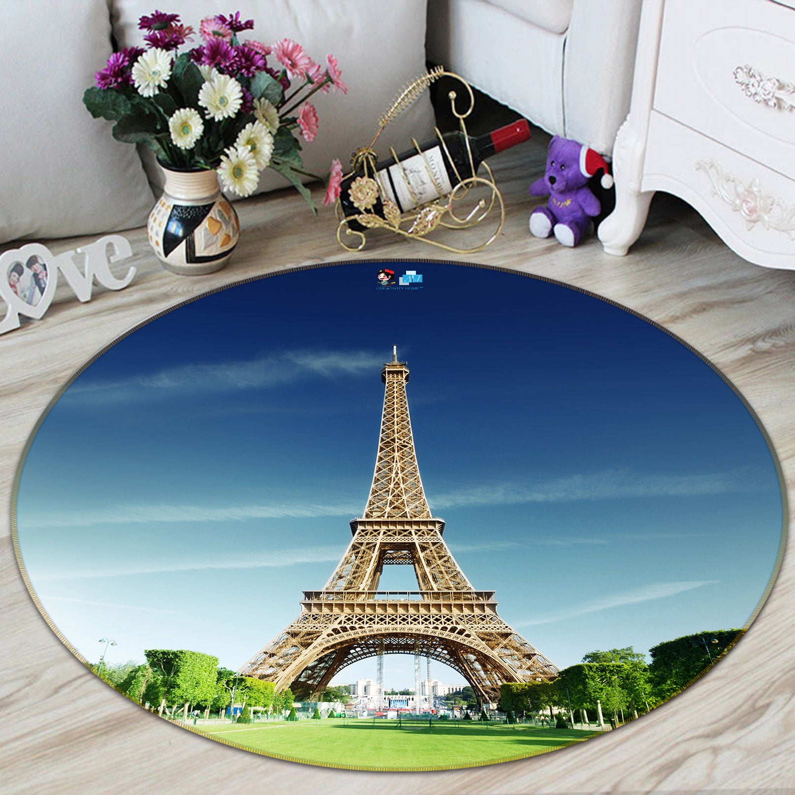 3D Grass Eiffel Tower 74127 Round Non Slip Rug Mat