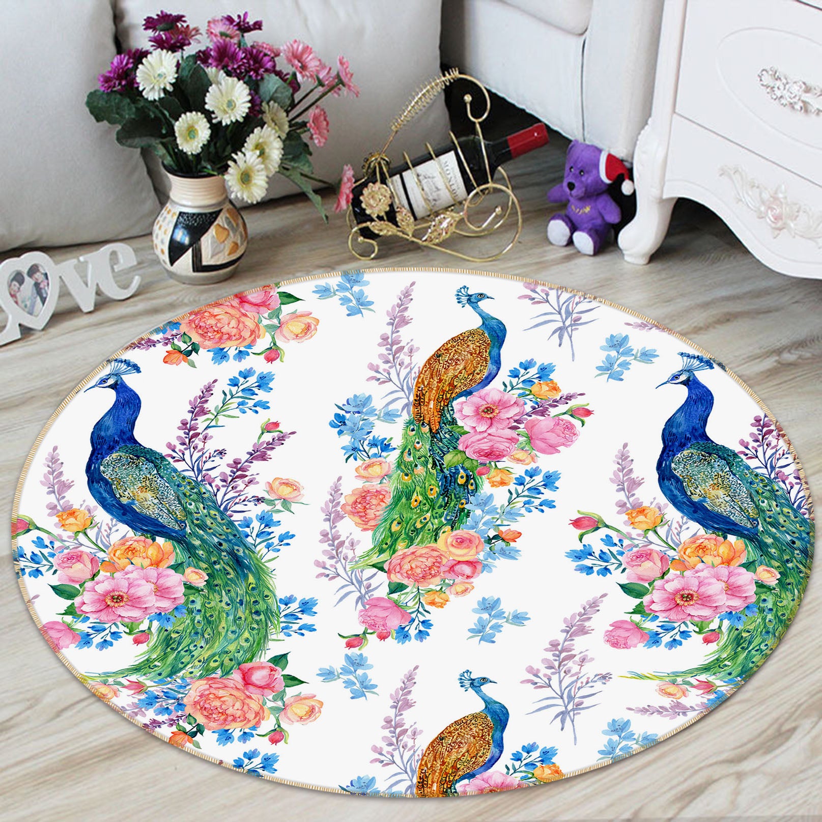3D Peacock Flowers 29043 Round Non Slip Rug Mat